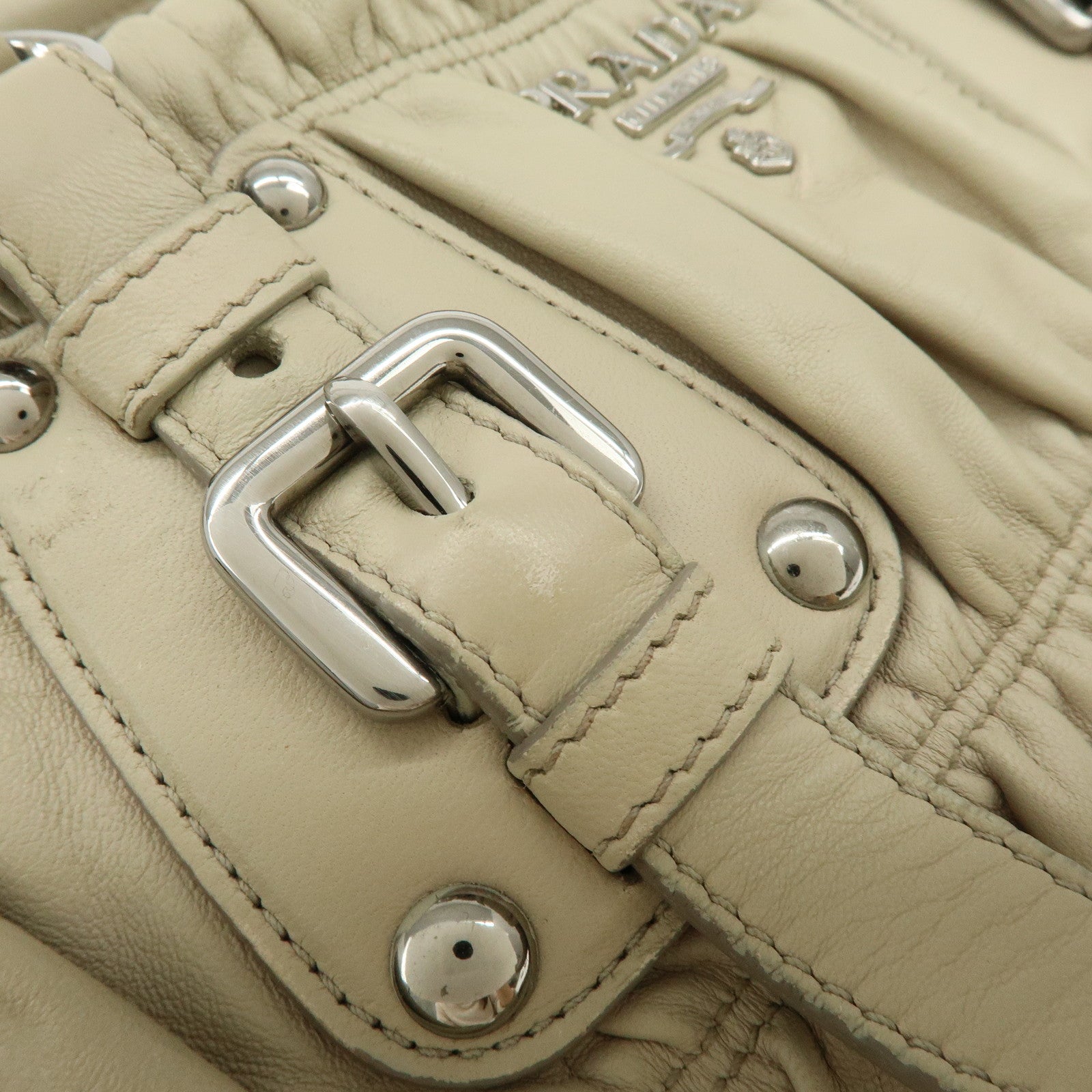 PRADA Leather 2Way Bag Hand Bag Shoulder Bag Beige