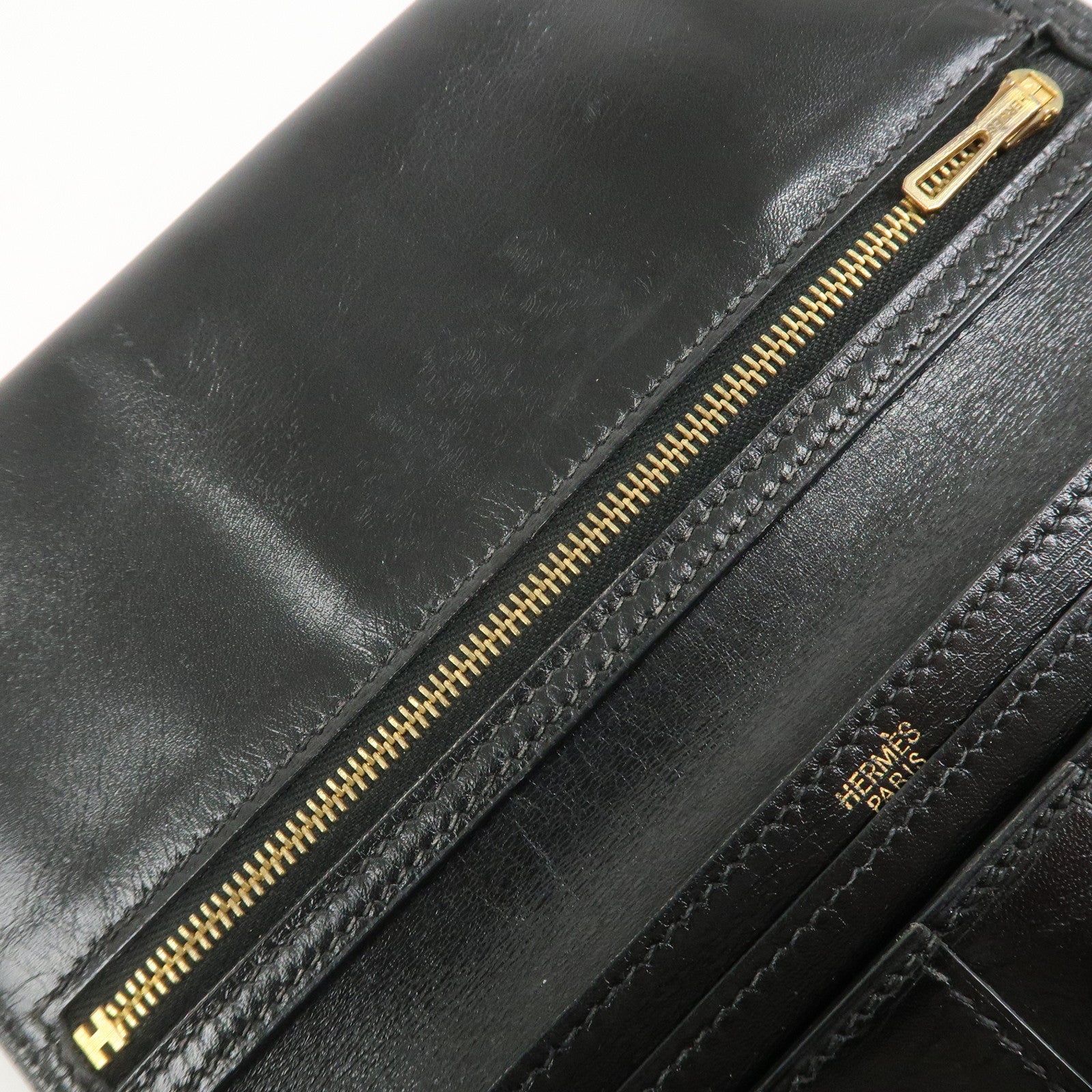 HERMES Bearn Classic Box Calf □E Stamped Bi-Fold Long Wallet Black