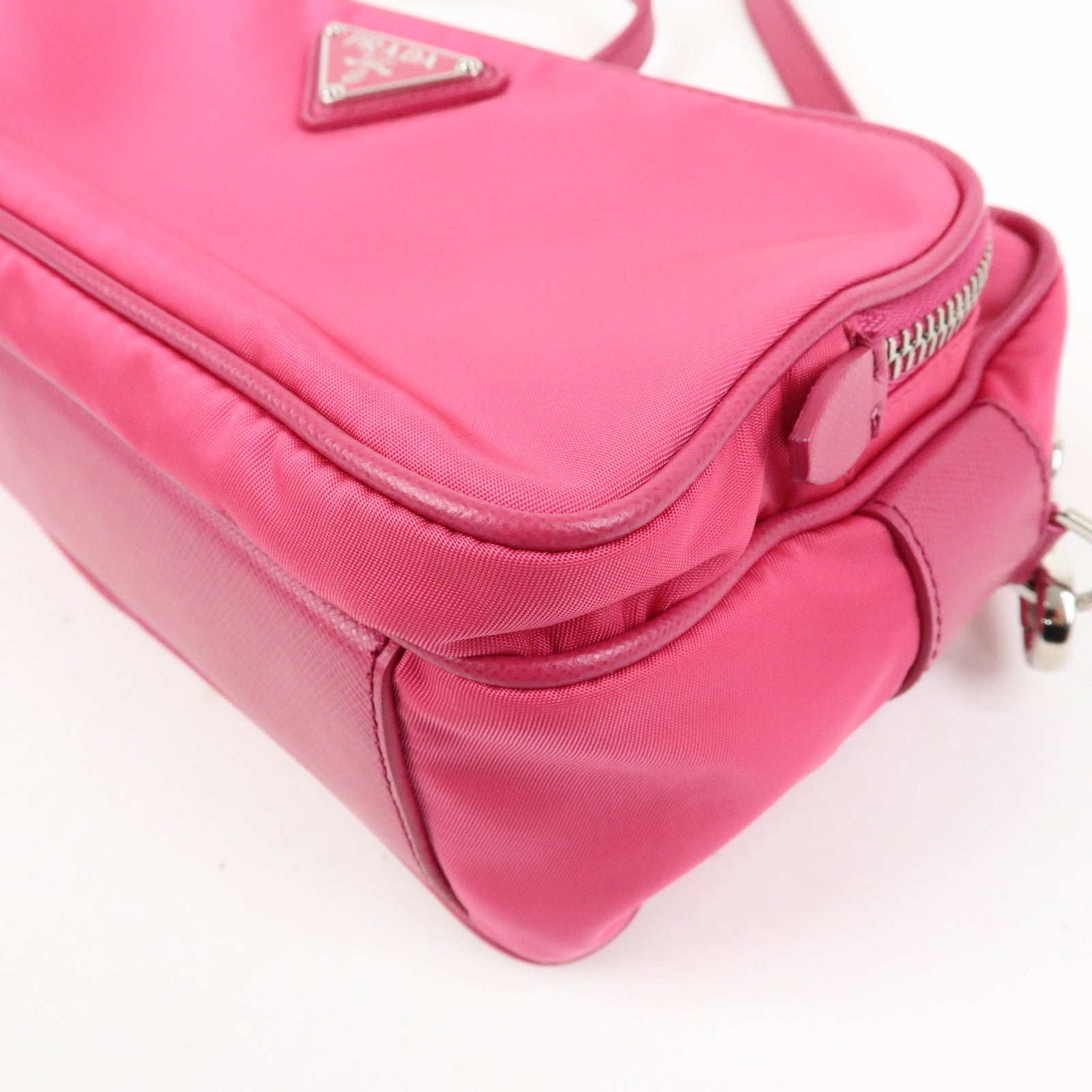 PRADA Triangle Logo Nylon Saffiano Leather Shoulder Bag Pink BT1010