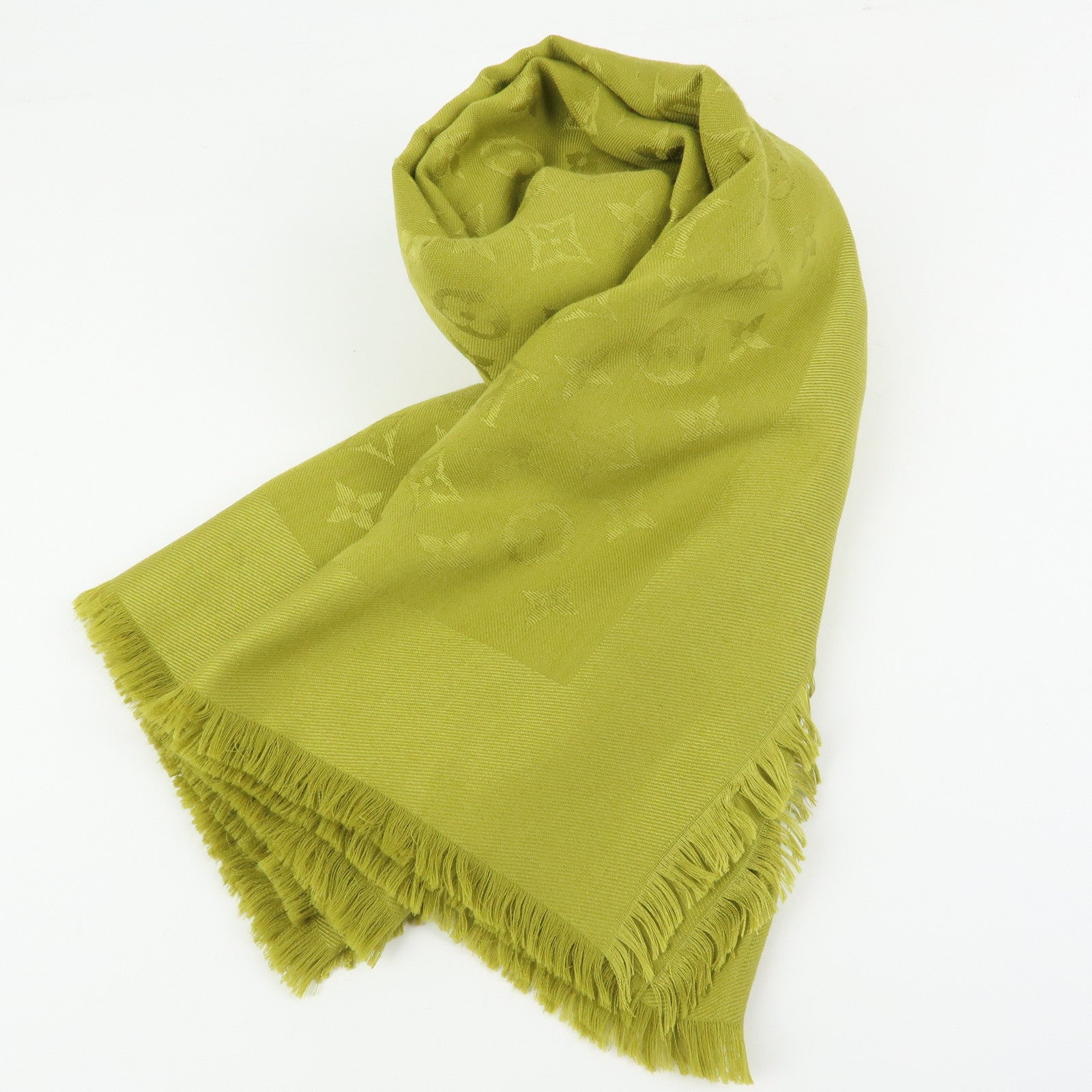Louis Vuitton Monogrm Silk Wool Scarf Shawl Anis Green M71326