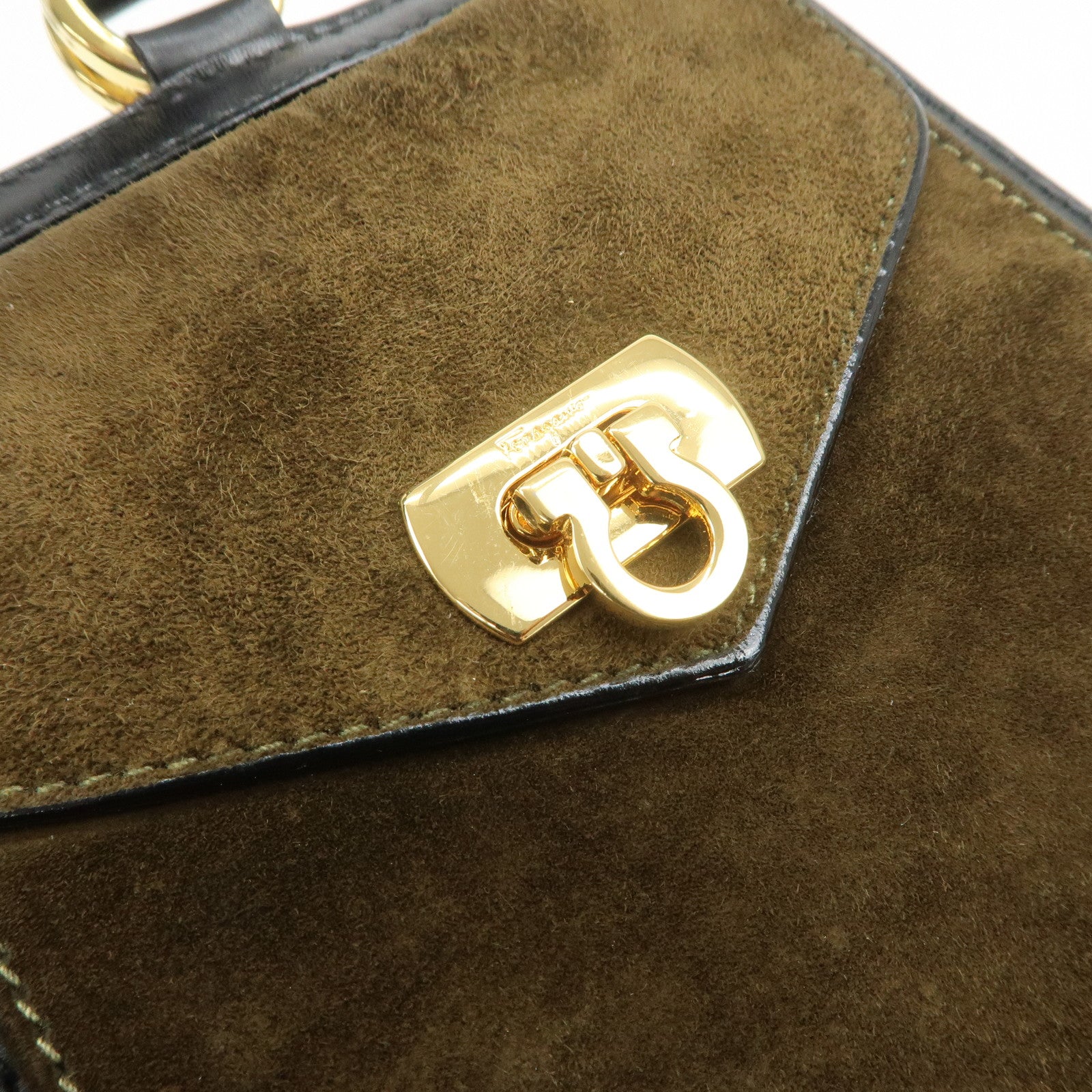 Ferragamo Gancini Suede Leather Hand Bag Tote Bag Black Khaki Red