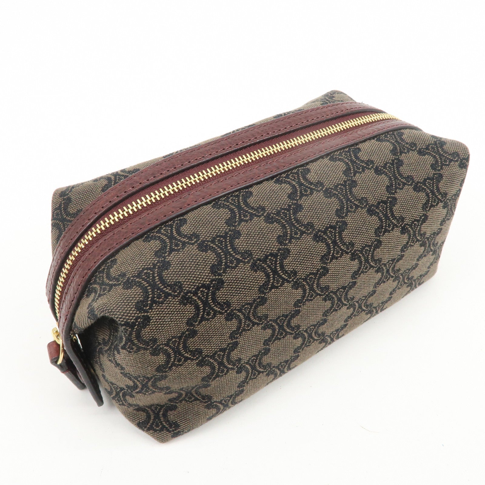 CELINE Macadam Canvas Leather Pouch Cosmetic Pouch Brown Wine Red