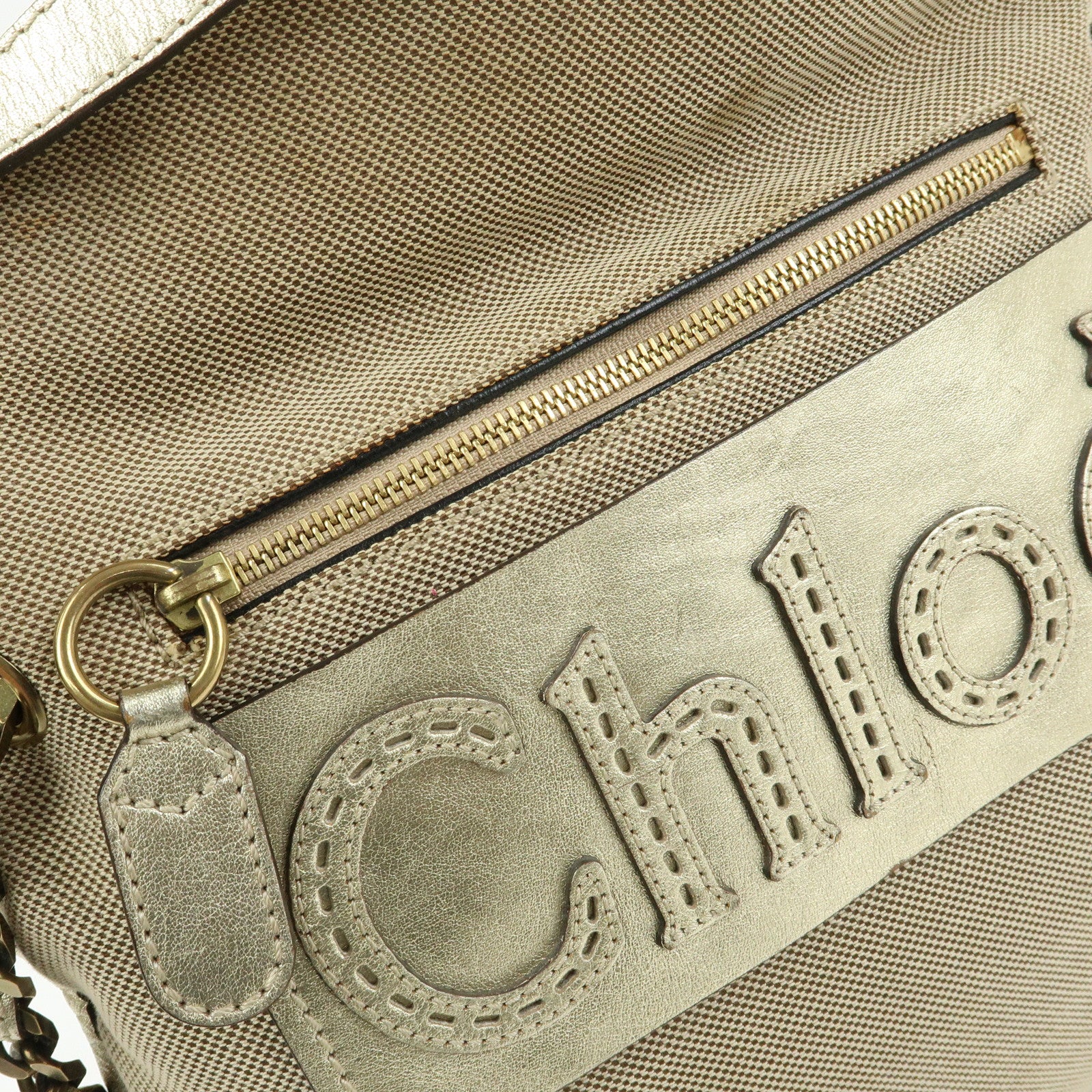 Chloe Harley Canvas Leather Shoulder Crossbody Bag Beige Gold