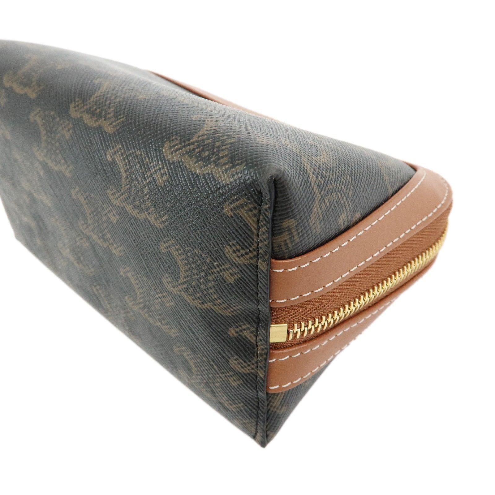 CELINE Triomphe PVC Calf Leather Cosmetic Pouch Tan Dark Brown