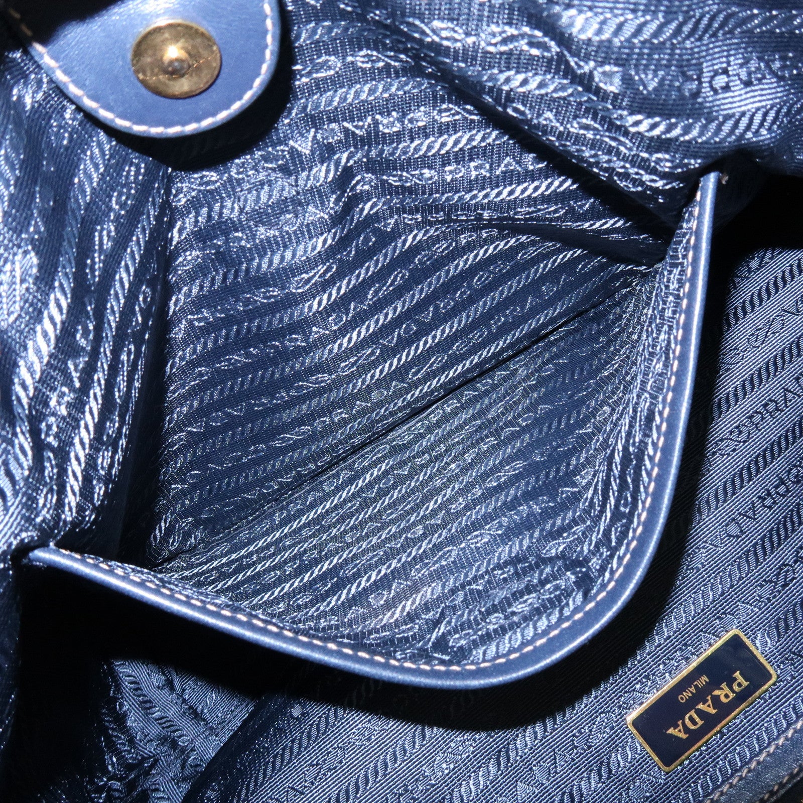 PRADA Logo Jacquard Leather Tote Bag Hand Bag Beige Navy