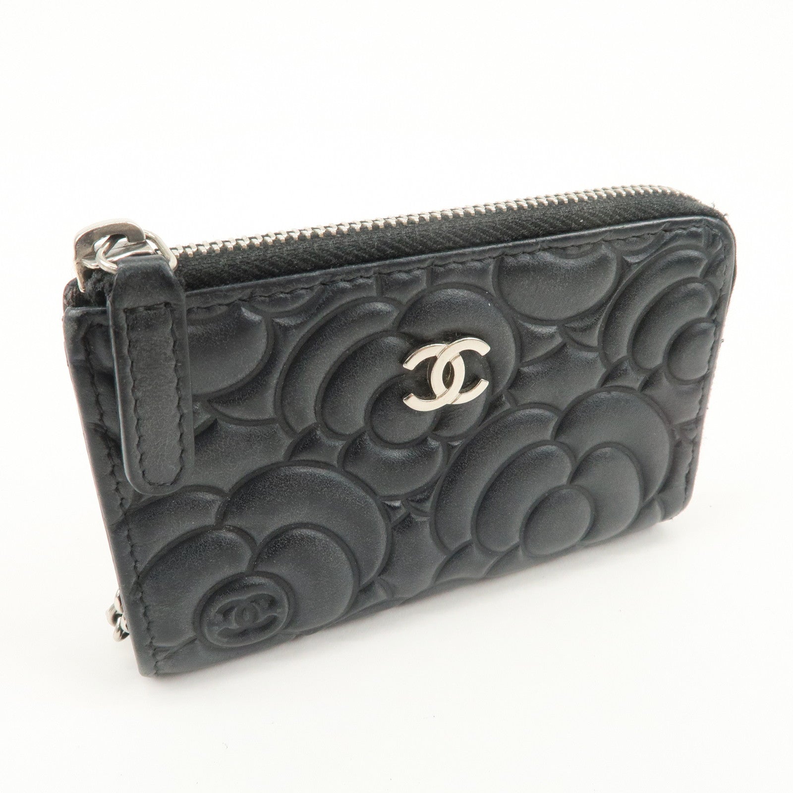 CHANEL Camellia Lamb Skin Coin Case Coin Purse Black