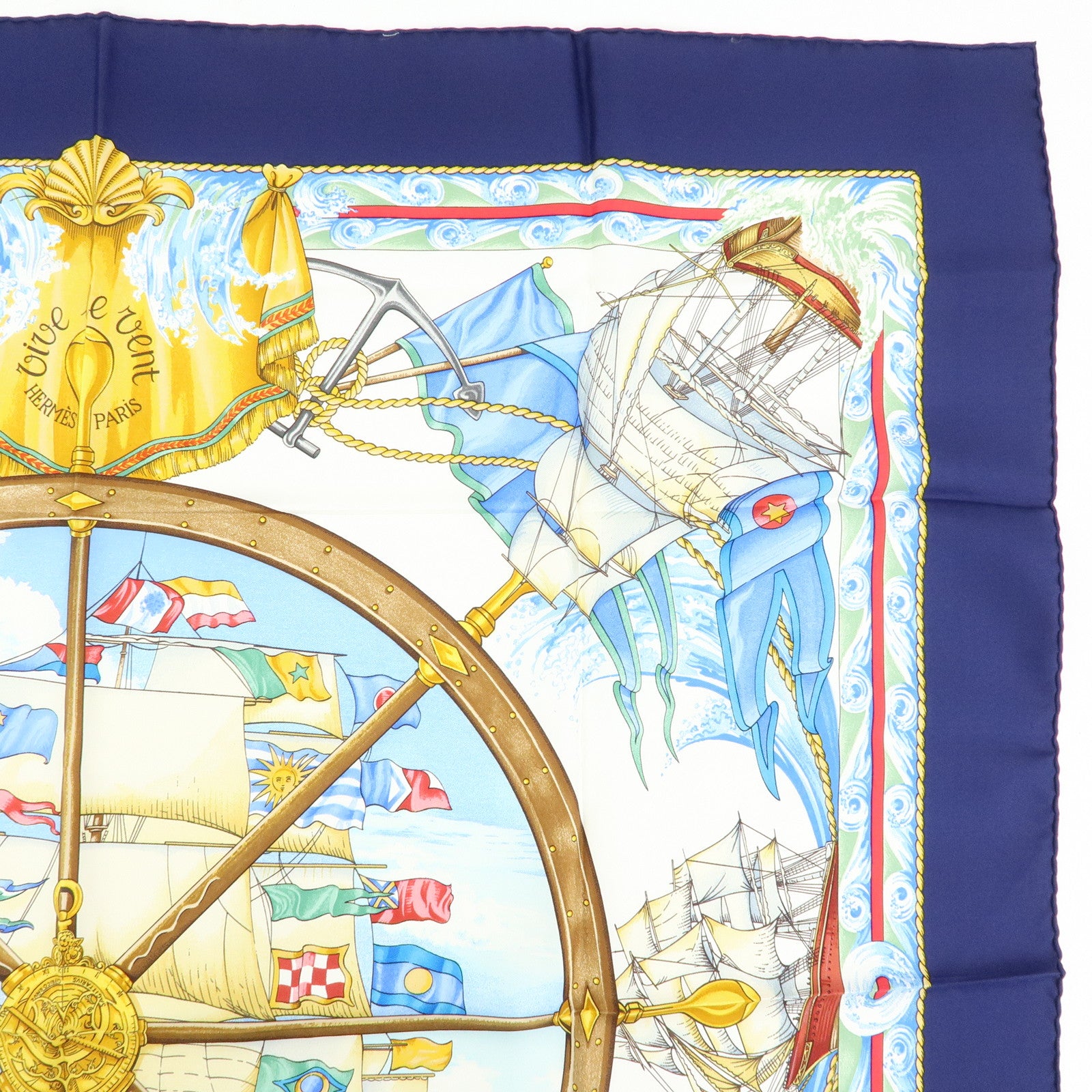 HERMES Carre 90 Silk 100% Scarf VIVE LE VENT Navy Blue Yellow White