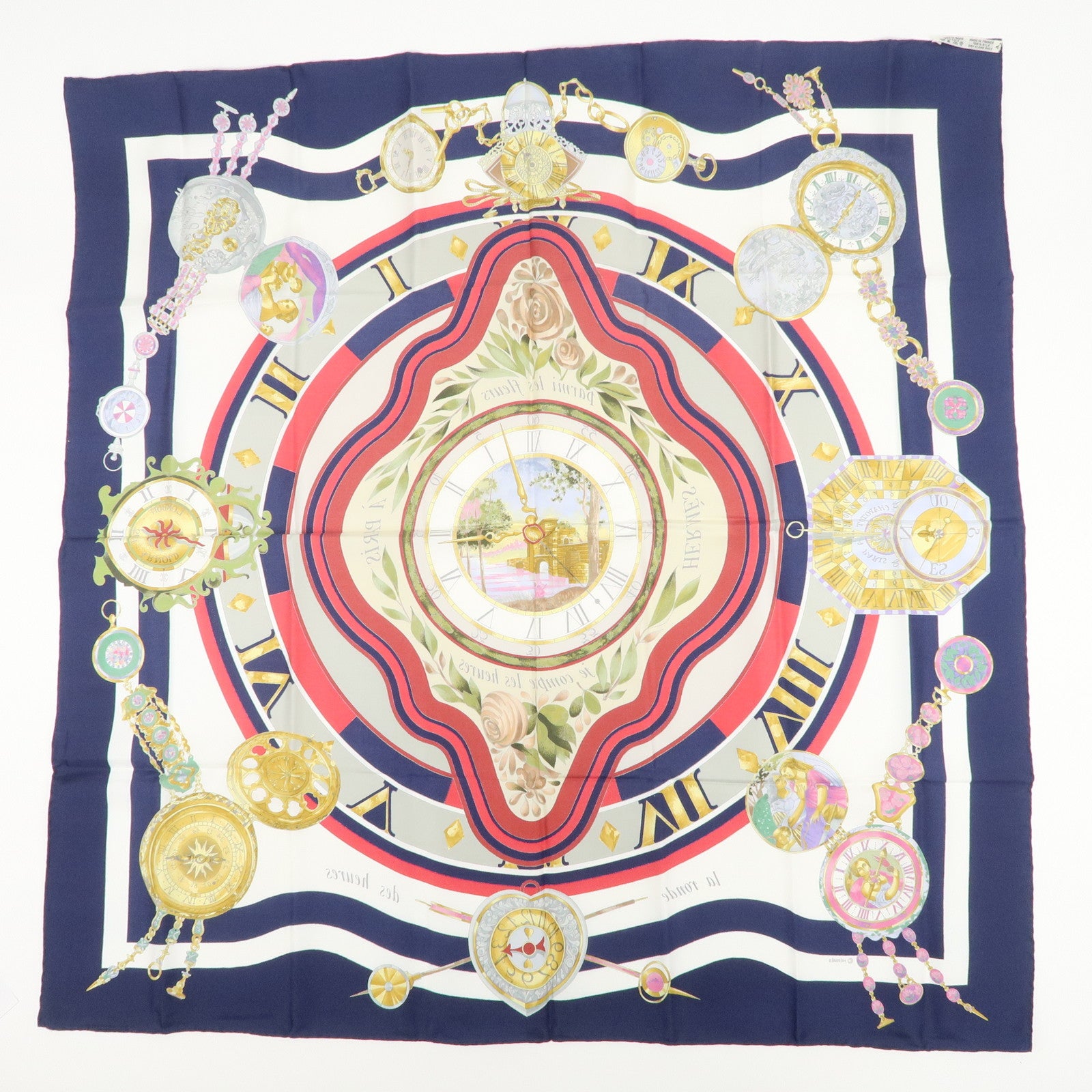 HERMES Carre 90 Silk 100% Scarf Clock Print Navy White Multicolor