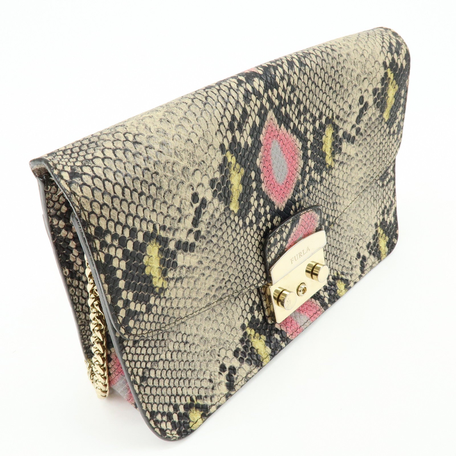 FURLA Metropolis Embossed Leather Chain Shoulder Bag Beige Pink