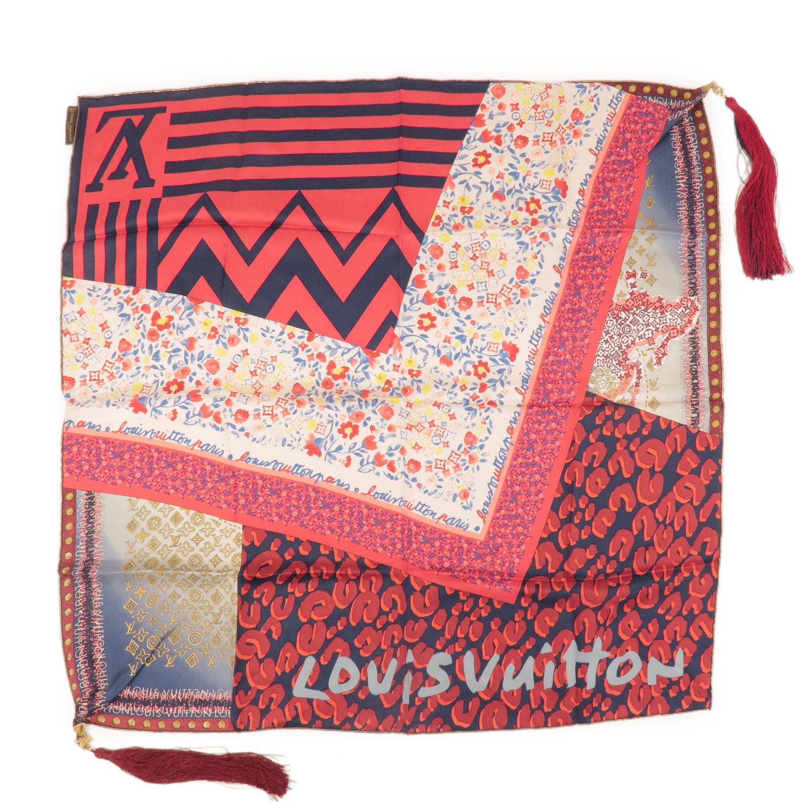 Louis Vuitton 100% Silk Scarf 65x65 Tassel Red Gold