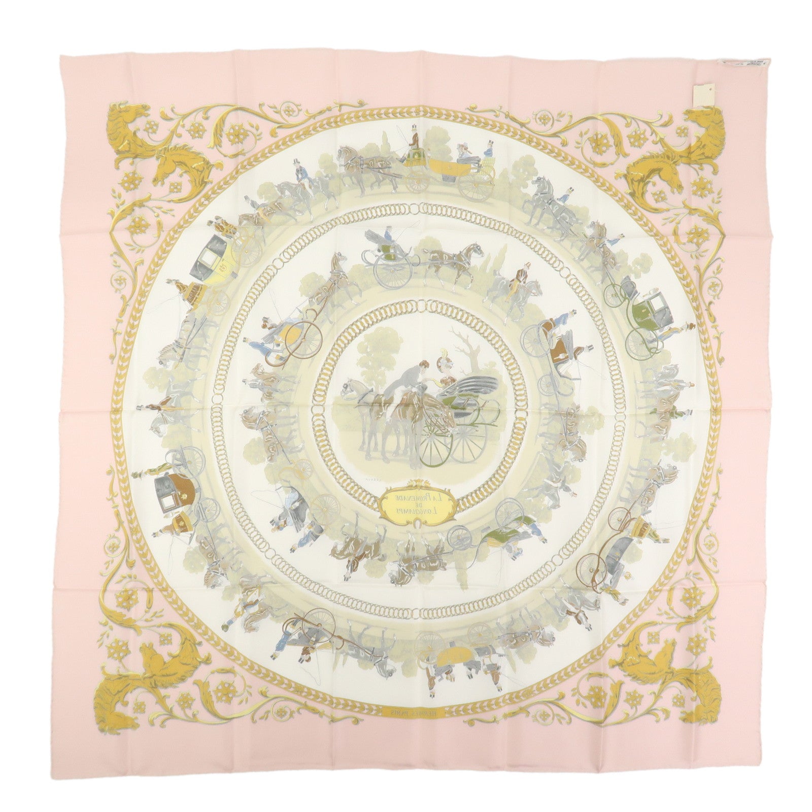 HERMES Carre 90 Silk 100% Scarf LA PROMENADE DE LONGCHAMPS White