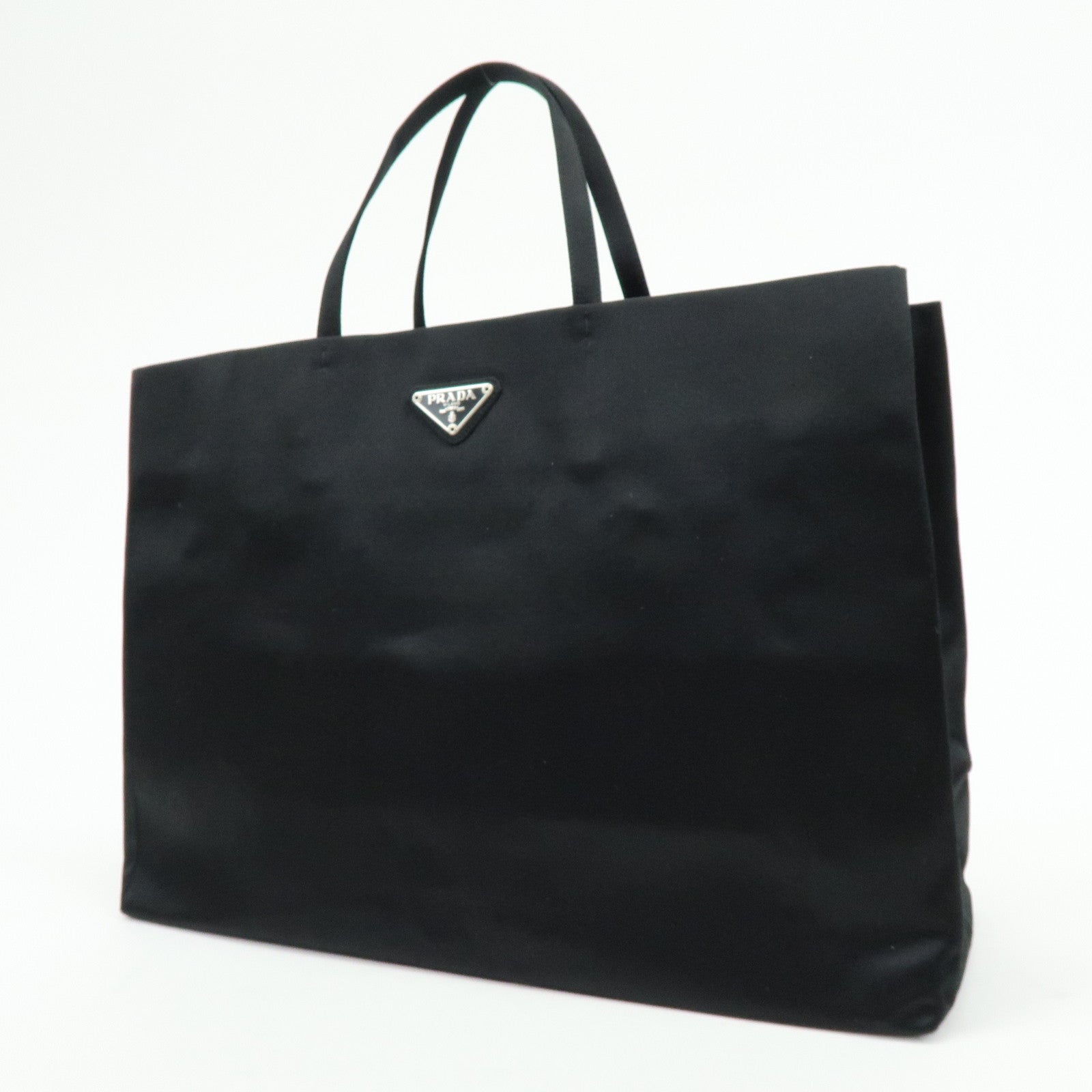 PRADA Triangle Logo Satin Tote Bag Hand Bag Black