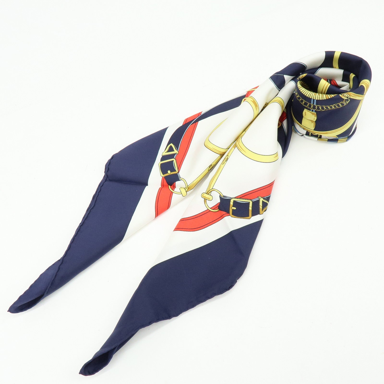 HERMES Carre 90 Silk 100% Scarf  Eperon d'or Navy White Yellow Red