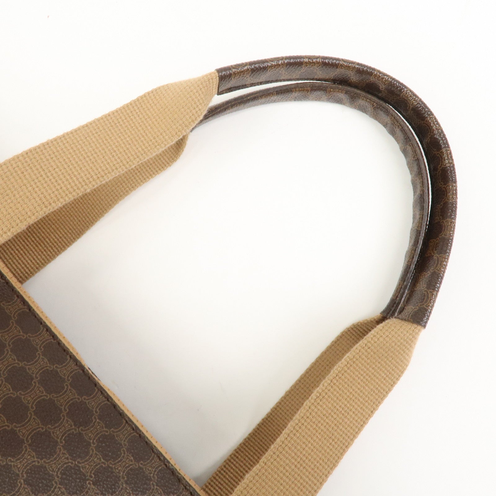 CELINE Macadam PVC Canvas Leather Boston Bag Hand Bag Brown