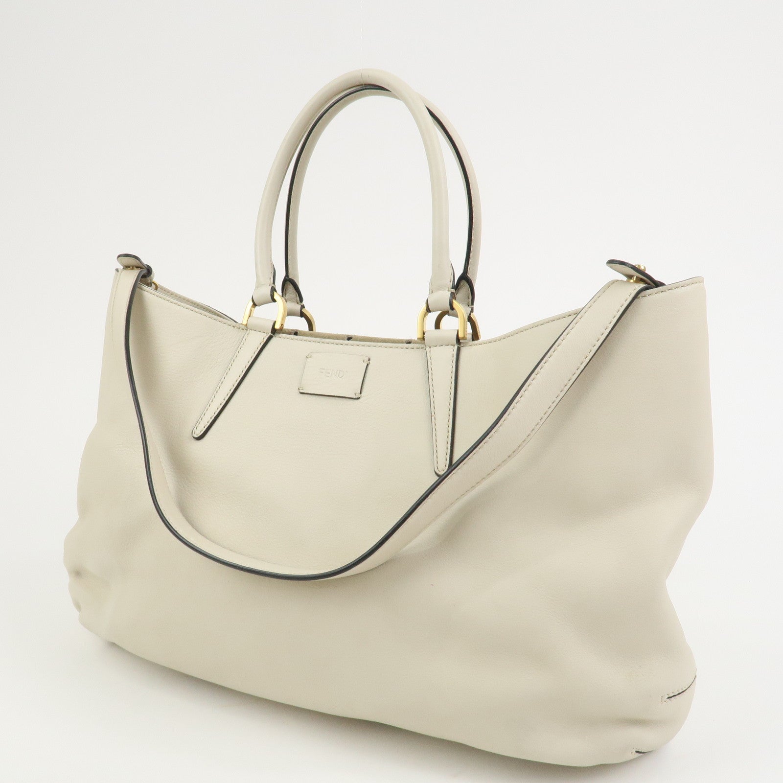 FENDI Logo Leather 2Way Bag Hand Bag Shoulder Bag Ivory 8BN238