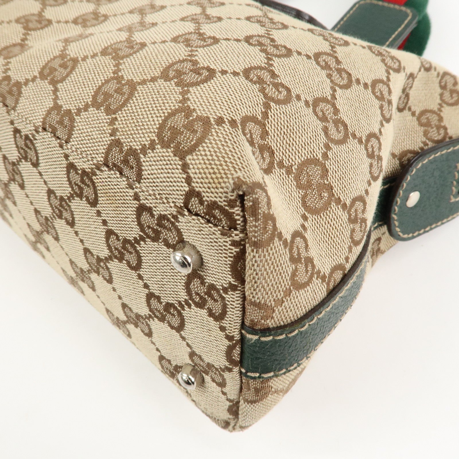 GUCCI Sherry GG Canvas Leather Hand Bag Beige Green 145759