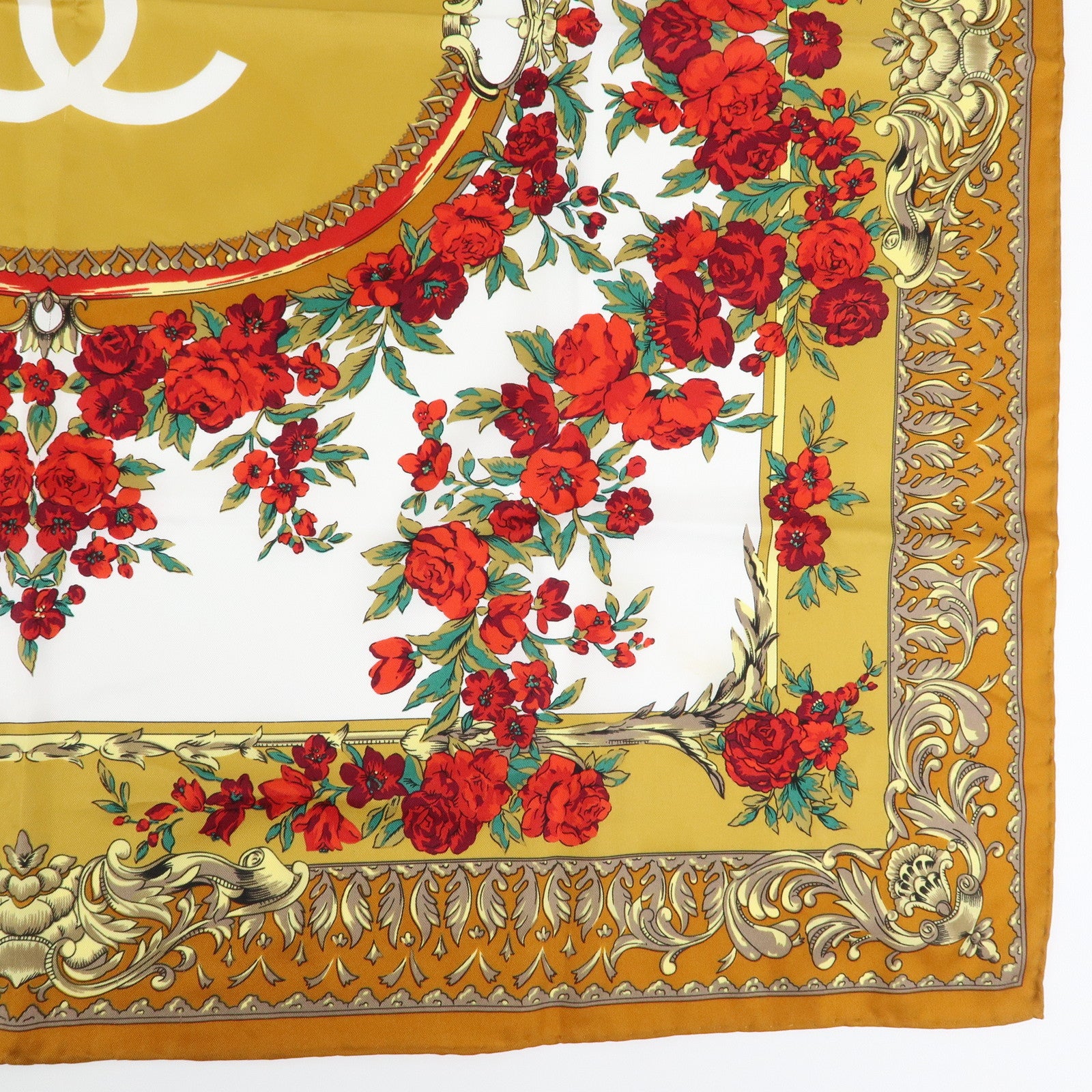 CHANEL Silk 100% Scarf COCO Mark Flower Motif Gold Red