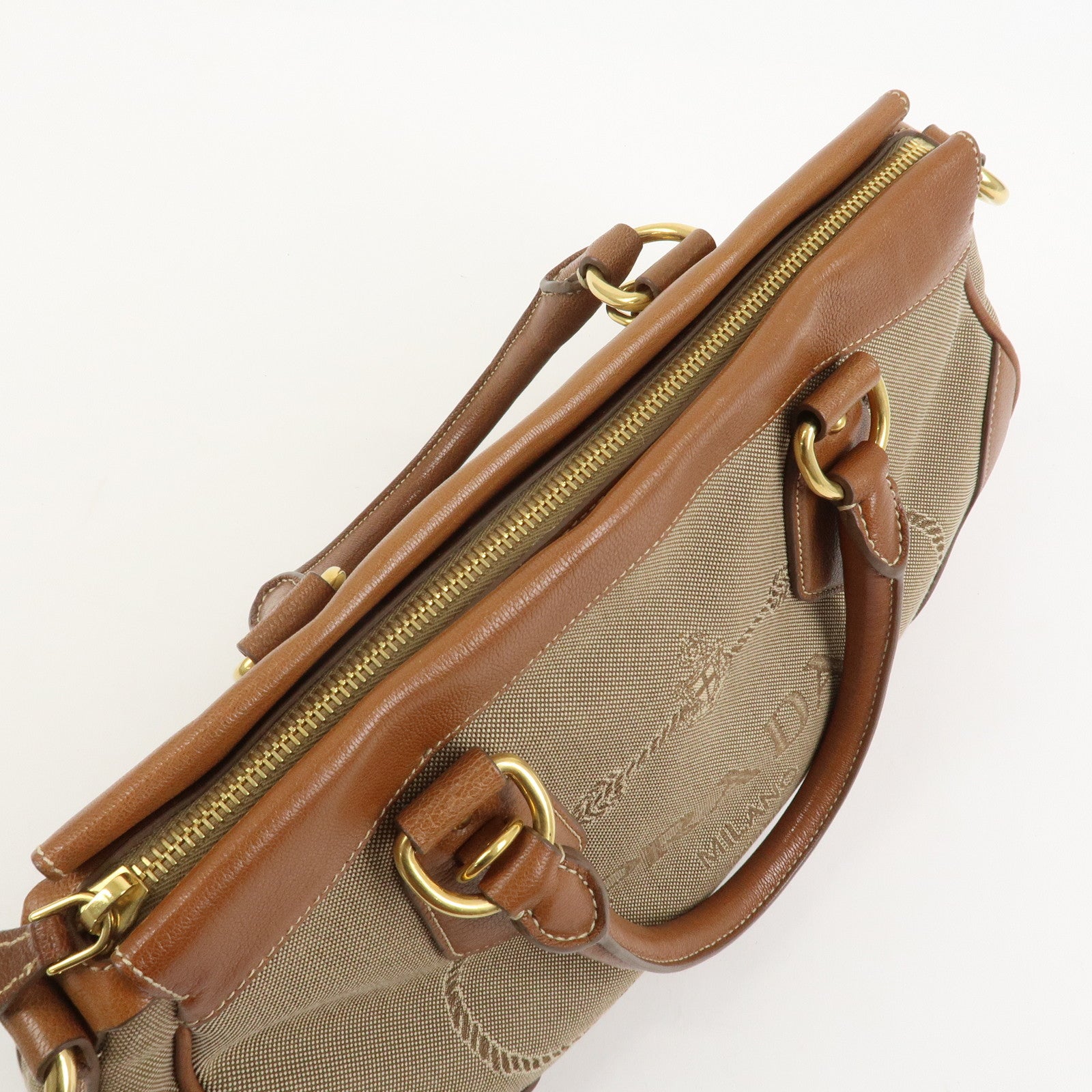 PRADA Logo Jacquard Leather 2Way Bag Hand Bag Brown BN1839