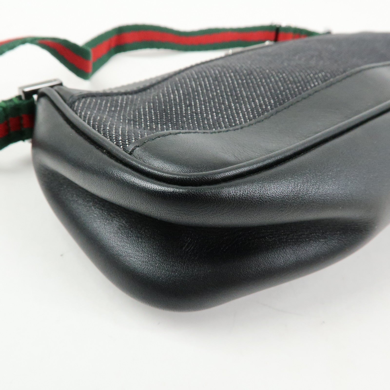 GUCCI Sherry Denim Leather Accessory Pouch Hand Bag Black 92820