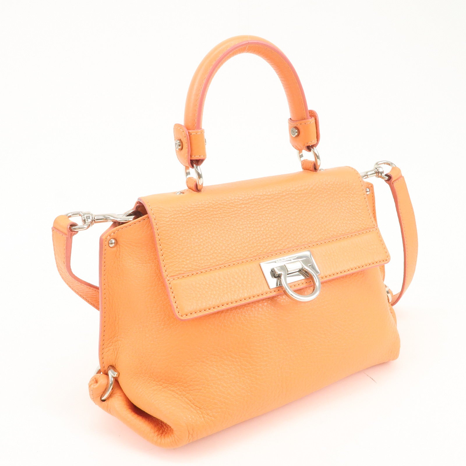 Ferragamo Gancini Leather 2Way Bag Hand Bag Shoulder Bag Orange