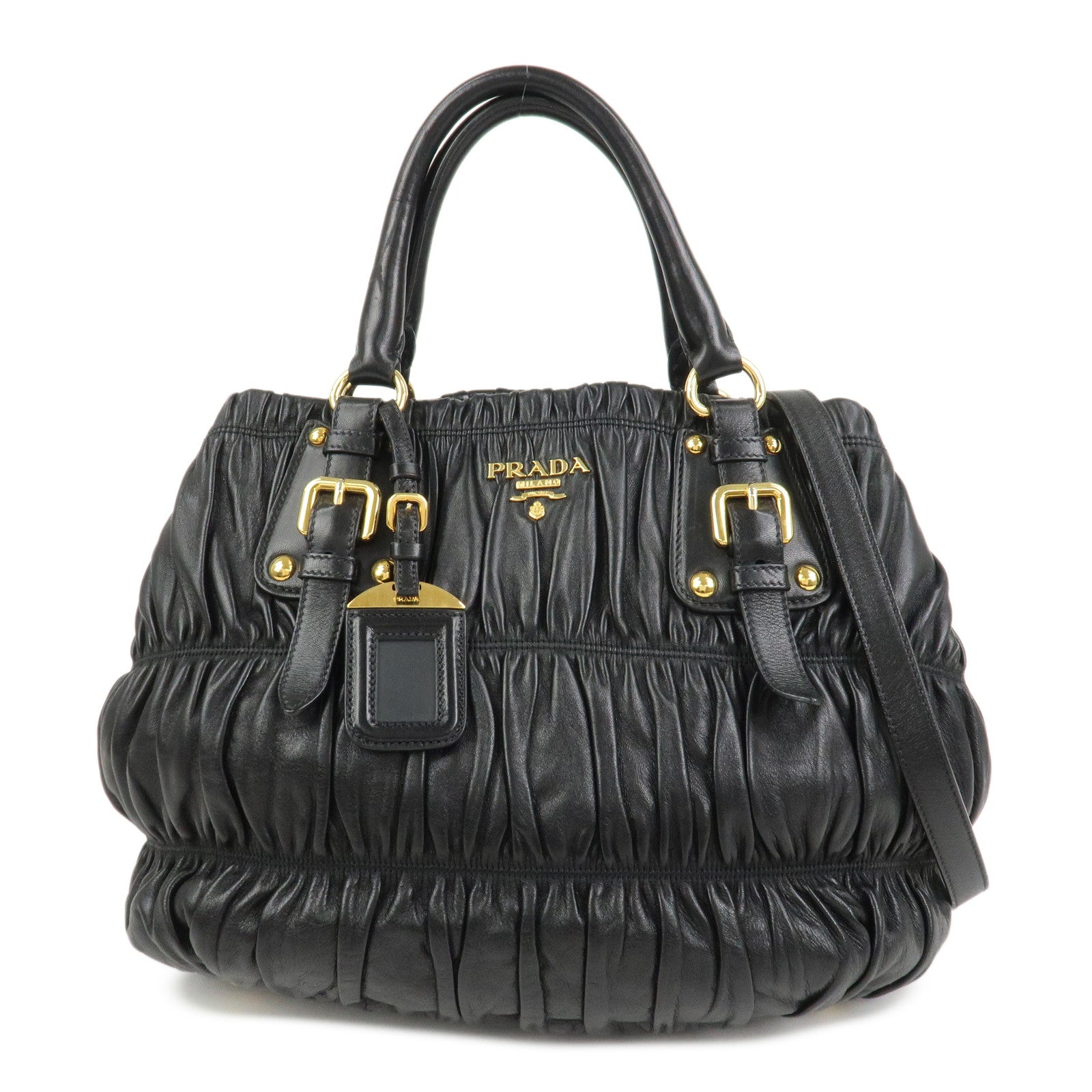 PRADA Leather Gathered 2Way Shoulder Bag Hand Bag Black BN1789