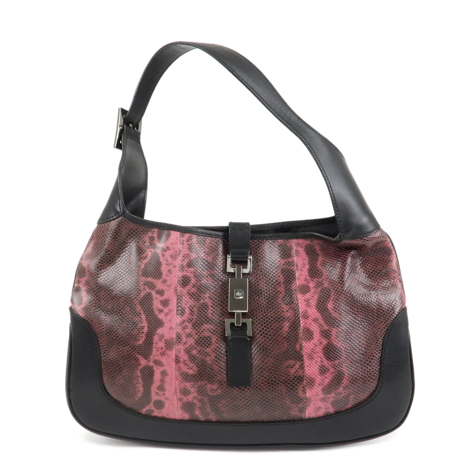 GUCCI Jackie Leather Python Shoulder Bag Black Pink 001.3306.3444 Used