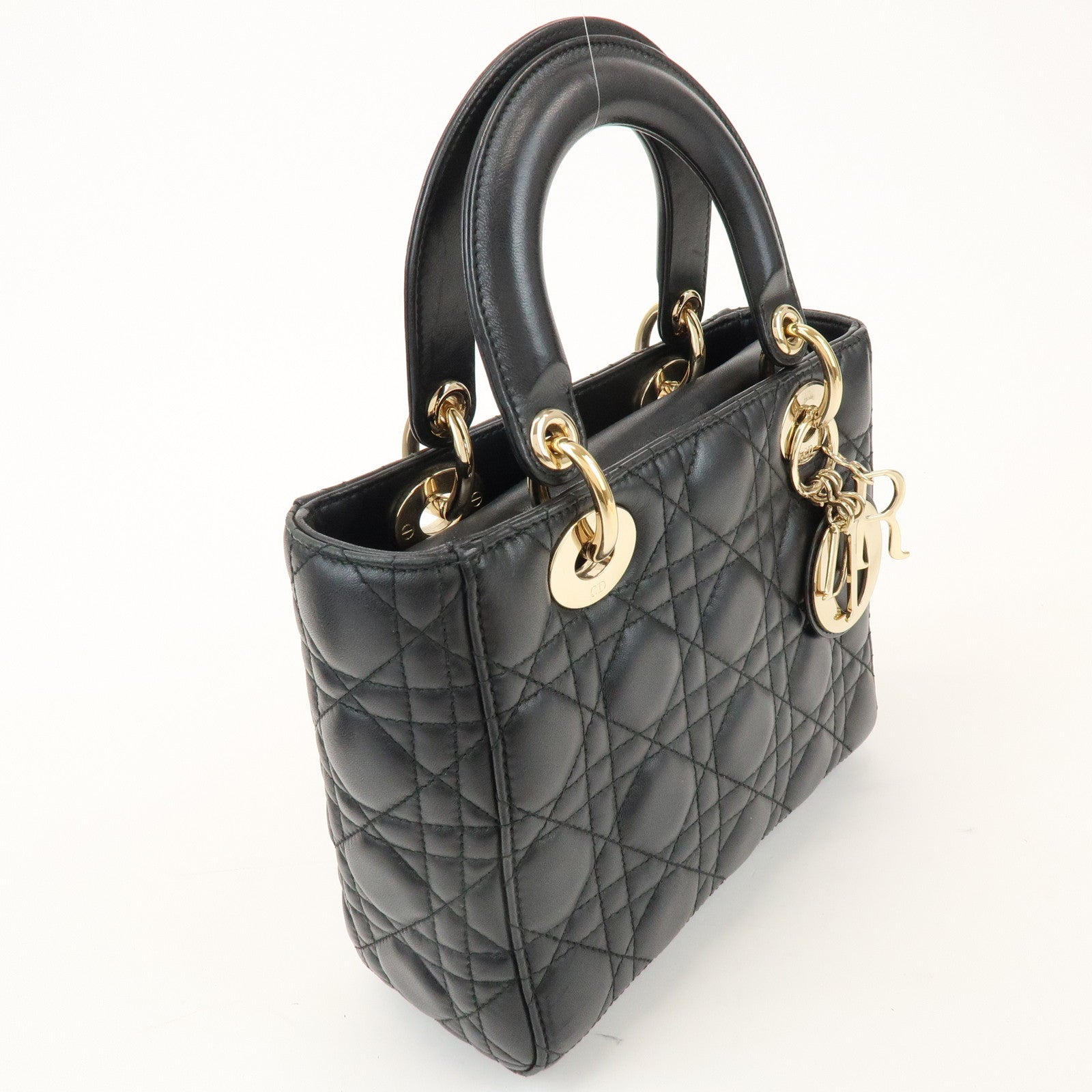 Christian Dior Lady Dior Cannage Lamb Skin 2Way Bag Hand Bag Black