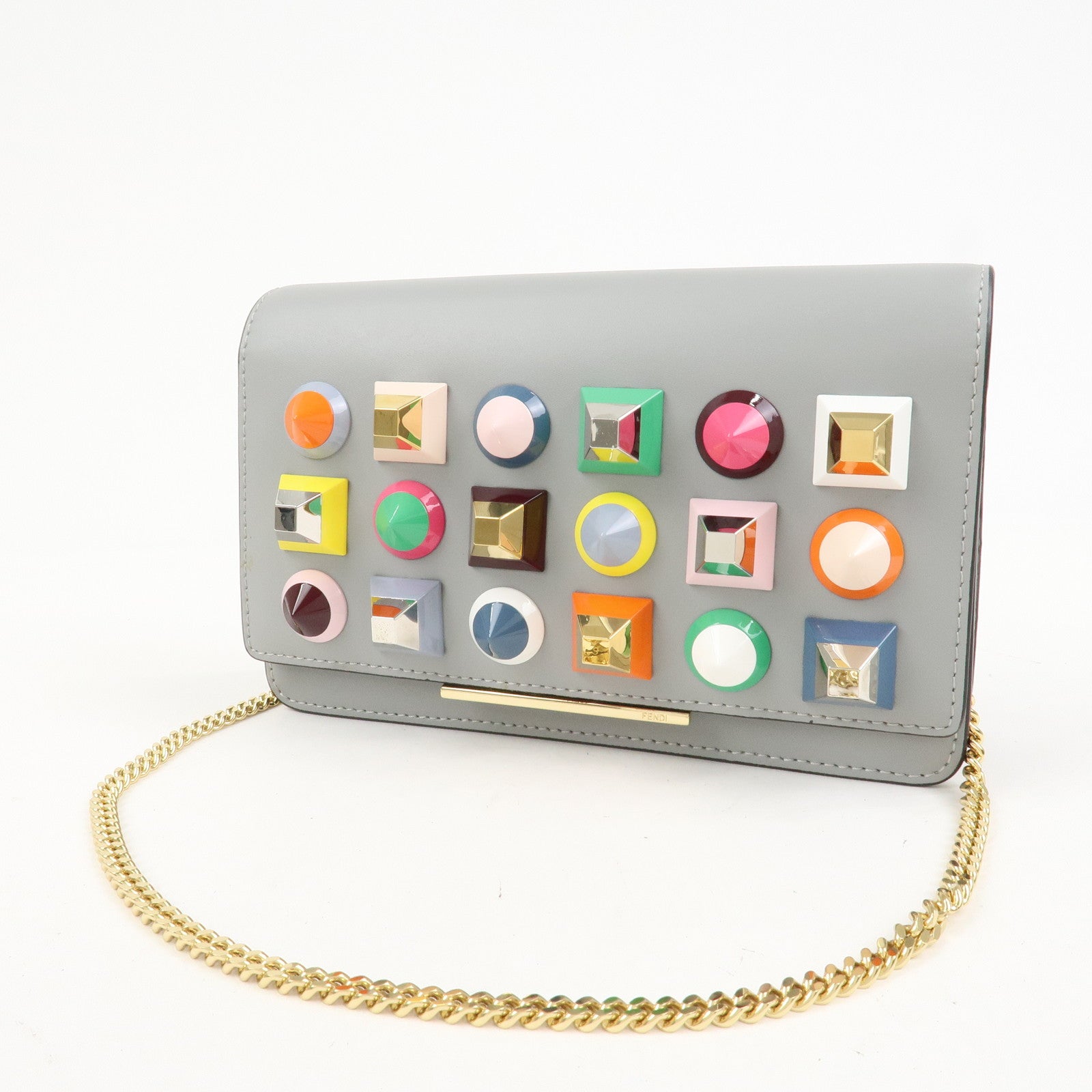 FENDI Leather Studs Shoulder Bag Hand Bag Grey 8M0346