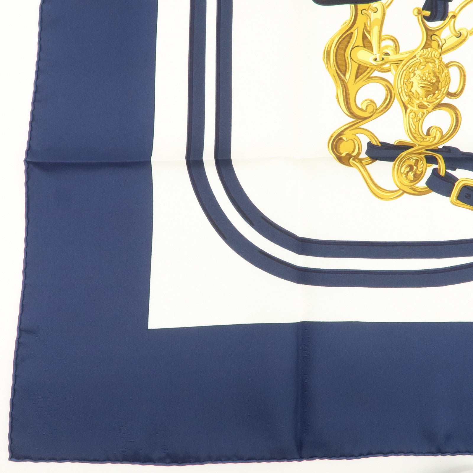 HERMES Carre 90 Silk 100% Scarf BRIDES DE GALA Navy White
