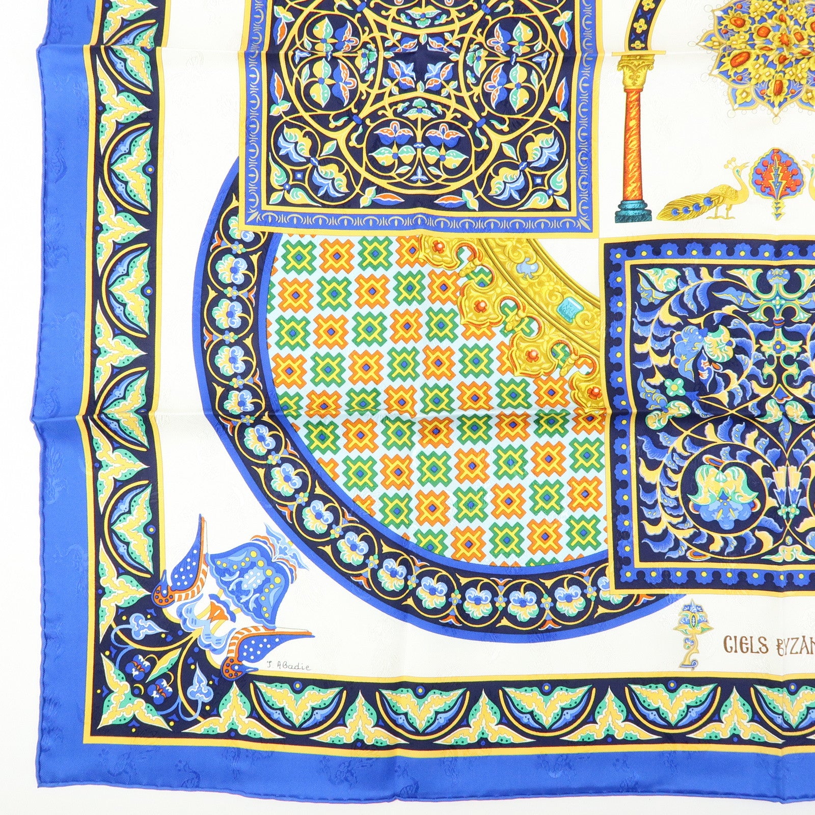 HERMES Carre 90 Silk 100% Scarf CIELS BYZANTINS Blue White