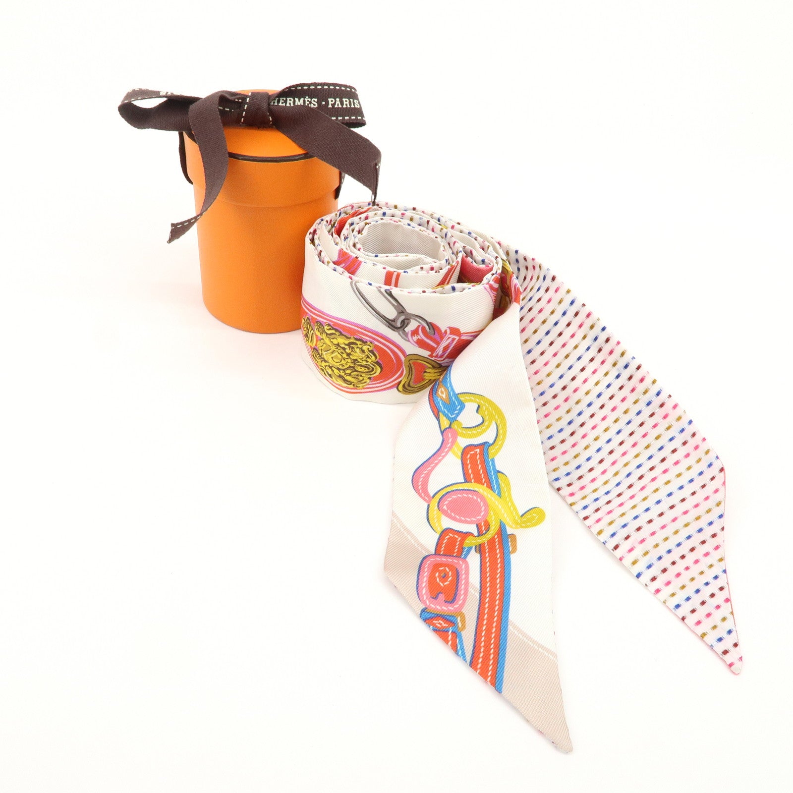 HERMES Twilly Silk 100％ Scarf BRIDES de GALA White Multicolor