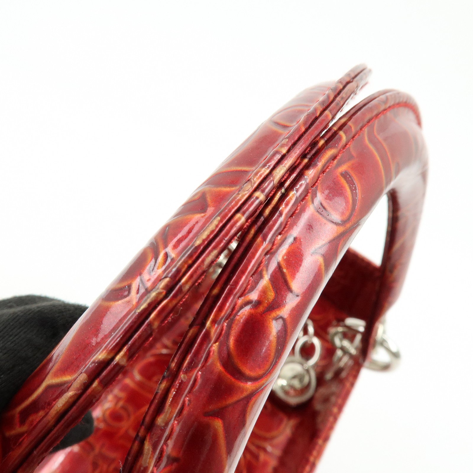 Christian Dior Lady Dior Patent Leather Hand Bag Dior Logo Red