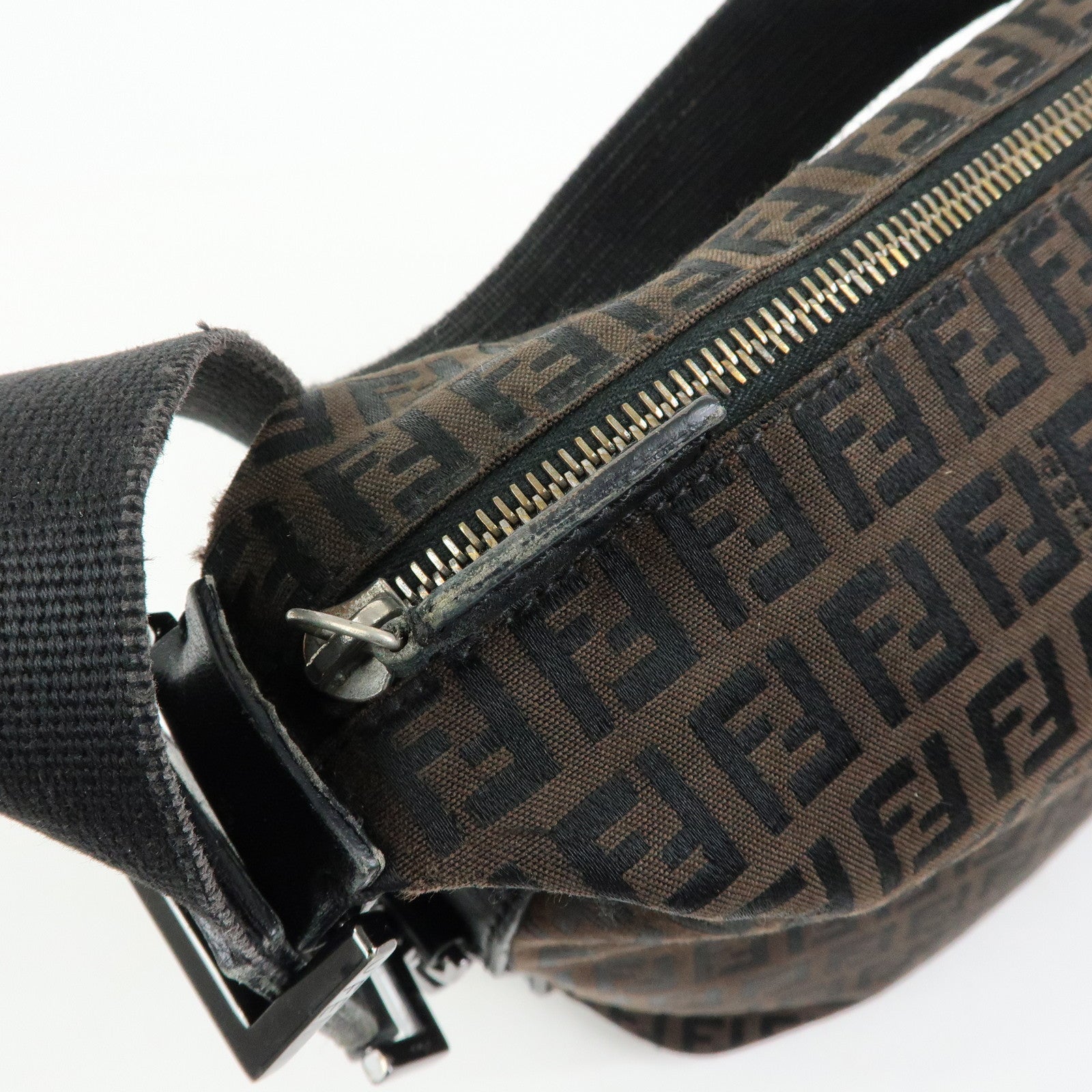 FENDI Zucchino Canvas Leather Shoulder Bag Brown Black 7VA004
