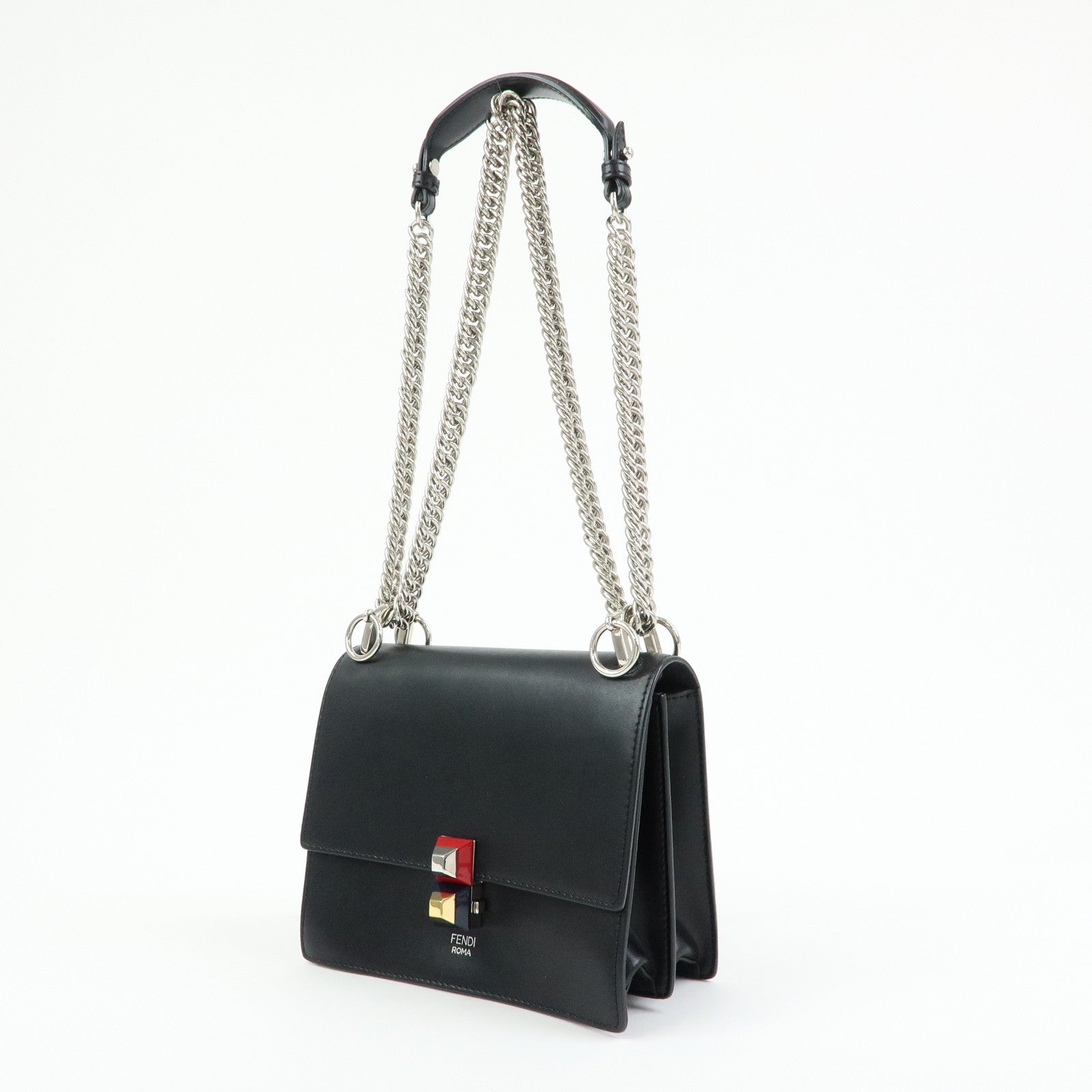 FENDI Kan I Mini Leather Chain Shoulder Crossbody Bag Black 8M0381