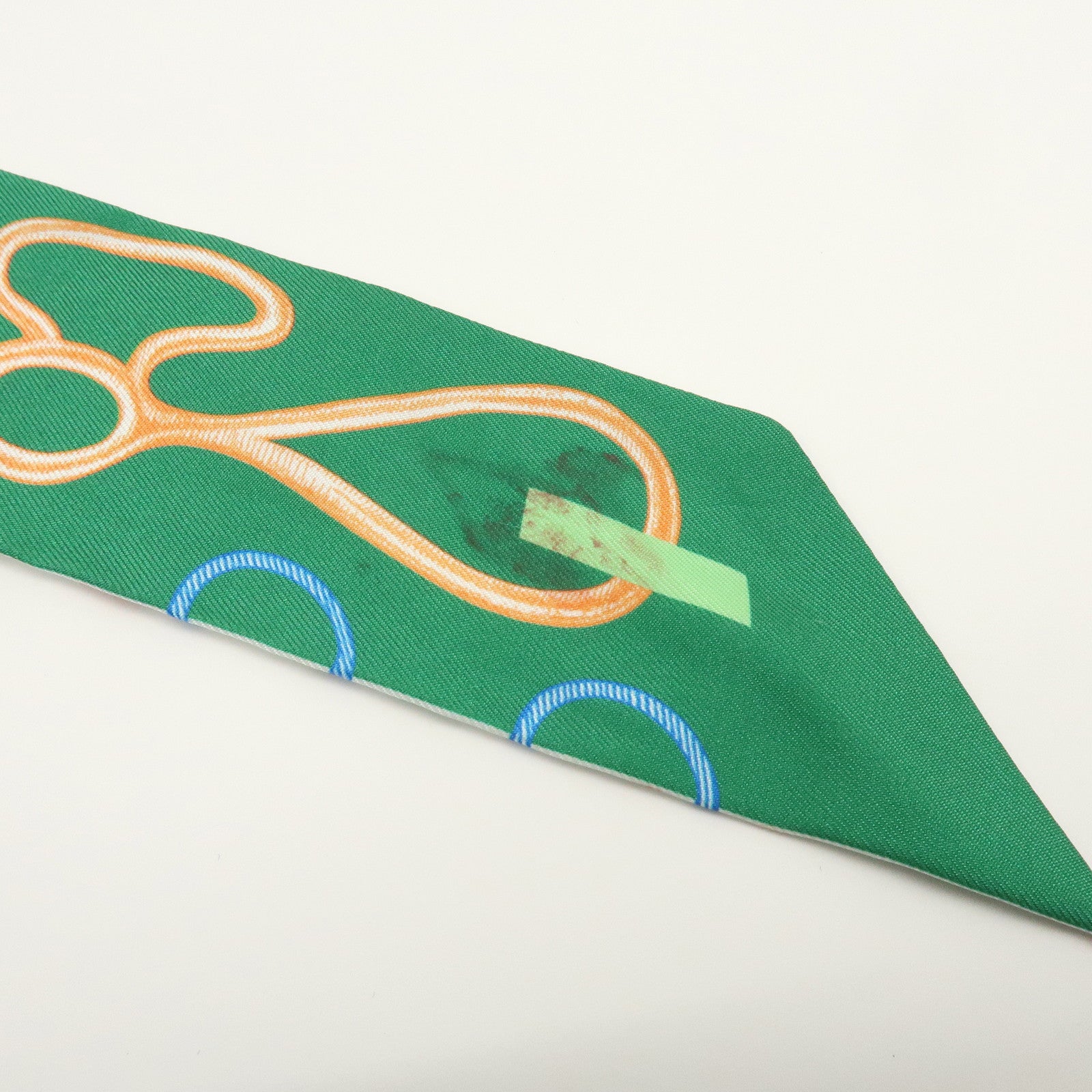 HERMES Twilly Silk 100% Scarf DO RE BOUCLES Green Ivory
