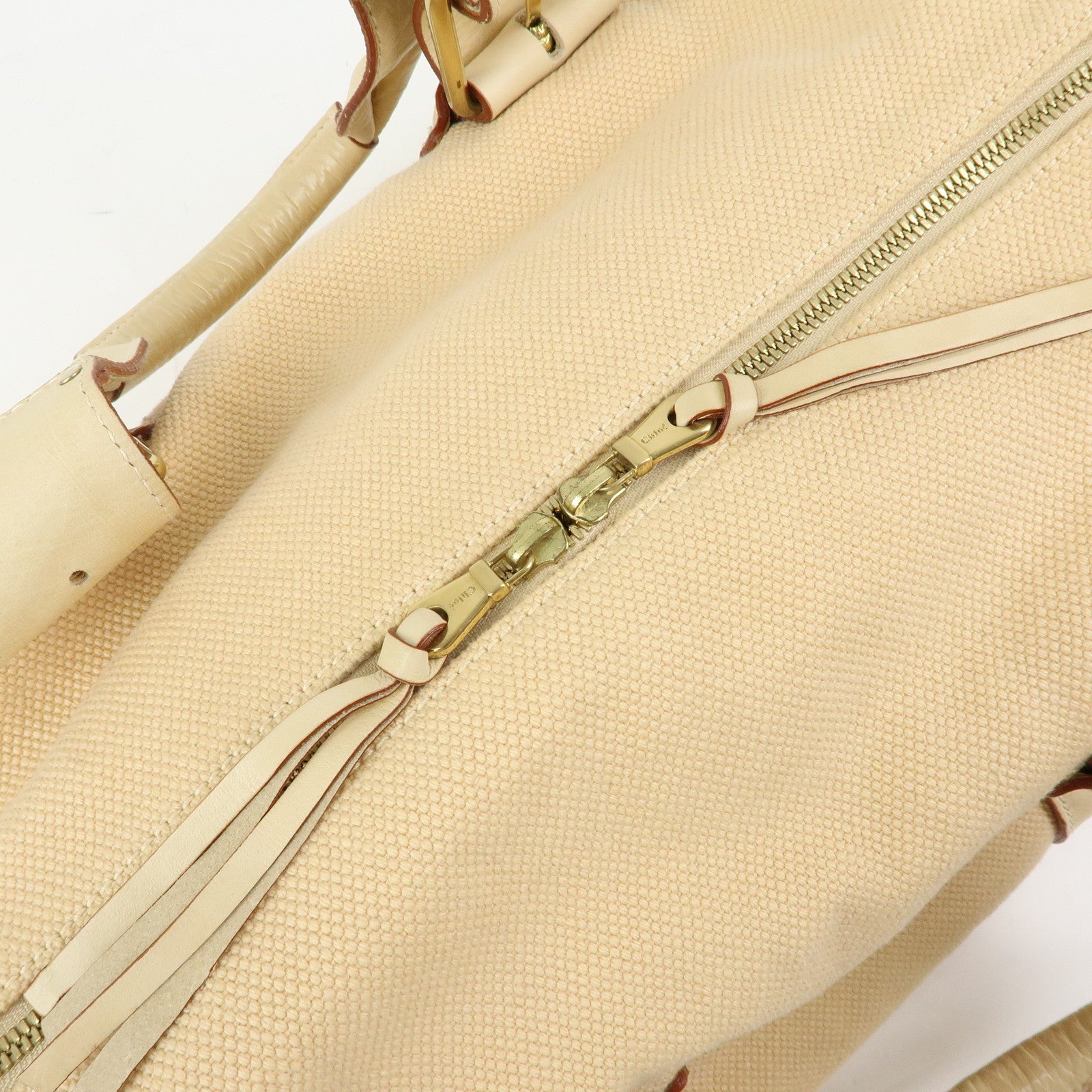 Chloe Cotton Leather Boston Bag Hand Bag Shoulder Bag Beige