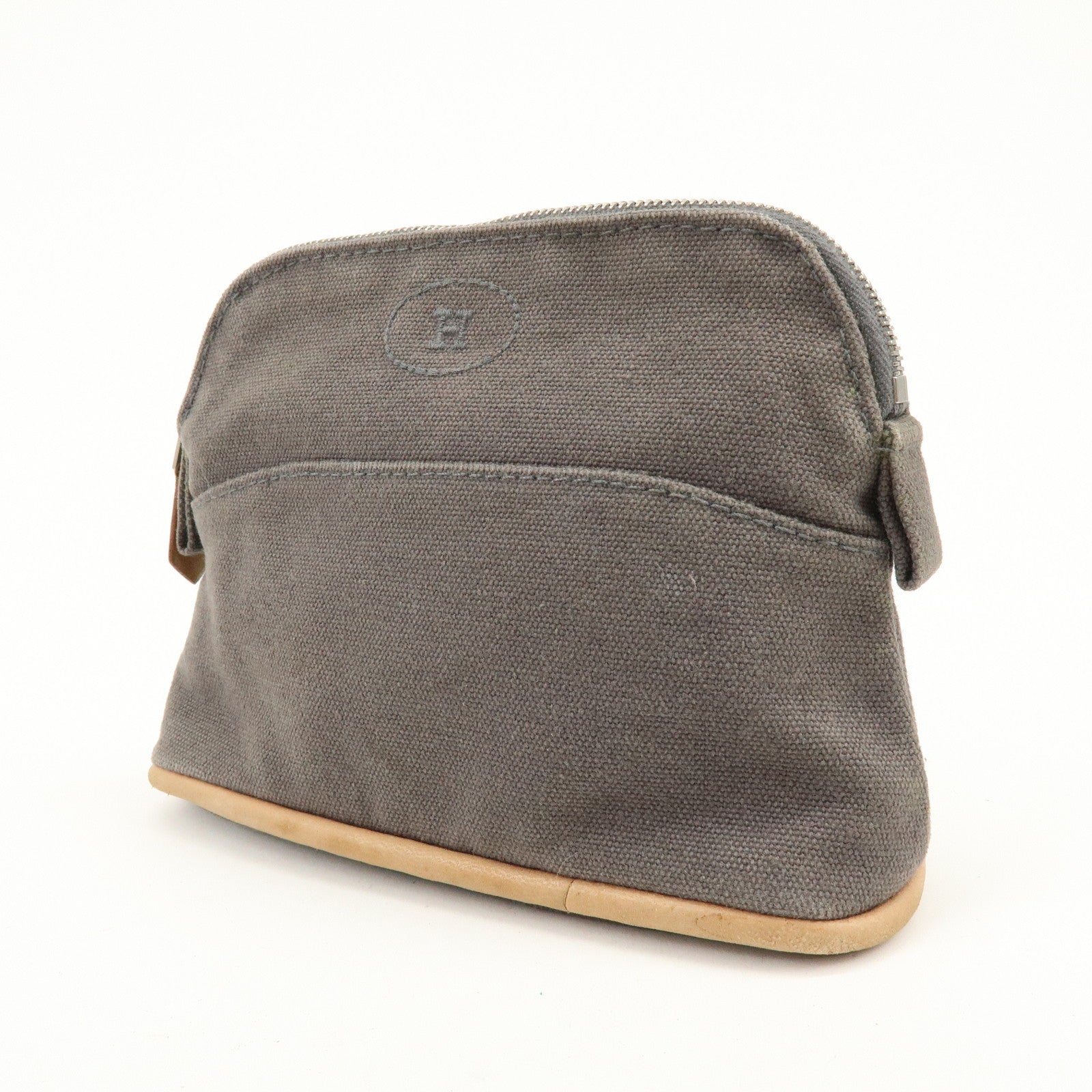 HERMES Bolide Mini Mini 16 Canvas Leather Pouch Gray Beige