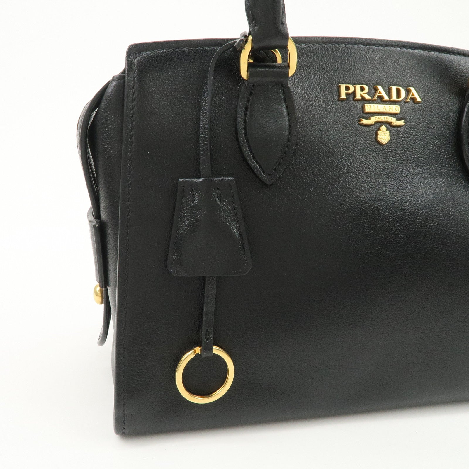 PRADA Leather 2Way Bag Hand Bag Black Gold Hardware Used
