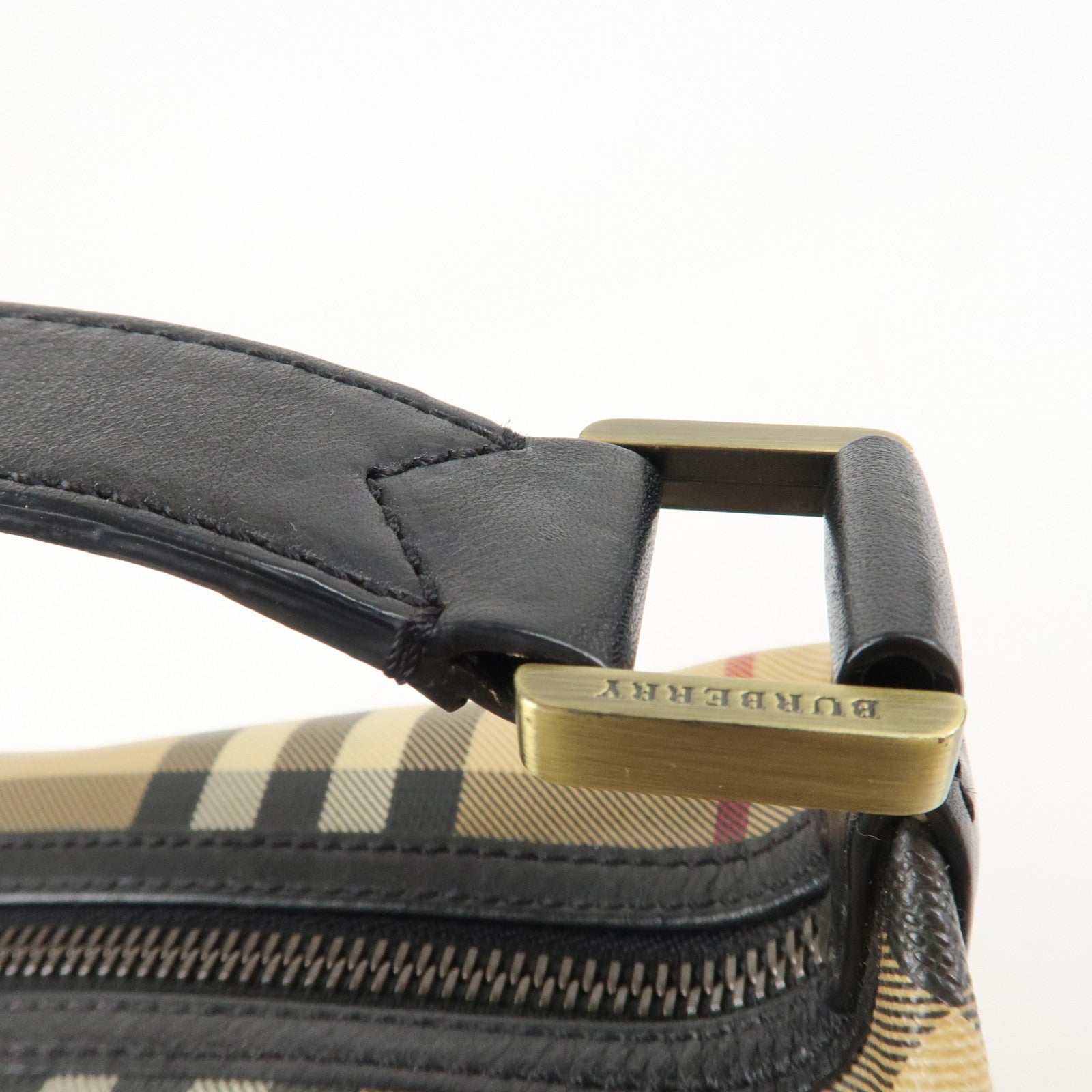 BURBERRY Nova Plaid Canvas Leather Shoulder Bag Hand Bag Beige Black Used
