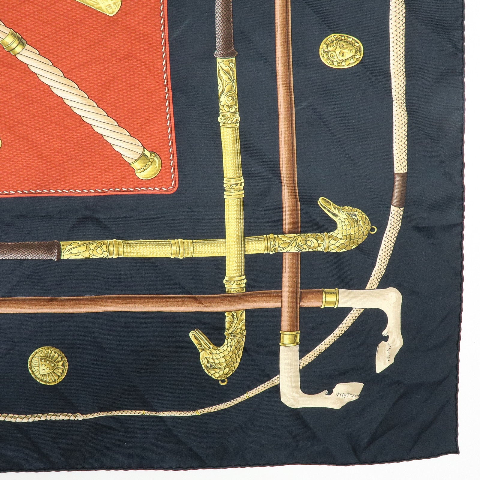 HERMES Carre 90 Silk 100% Scarf CANNES ET POMMEAUX Stick Black