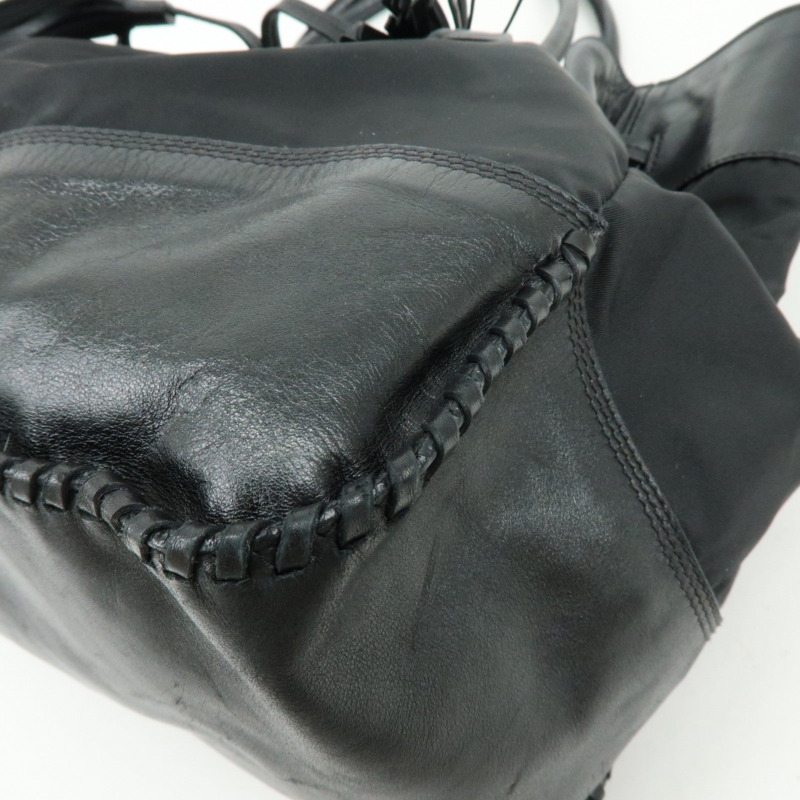 PRADA Triangle Logo Nylon Leather Tote Bag Hand Bag Black BR3616