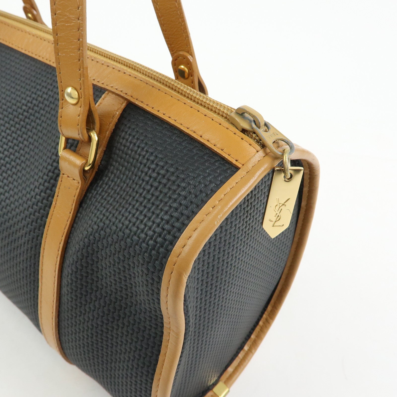 SAINT LAURENT PARIS PVC Leather Mini Boston Bag Hand Bag Navy Camel