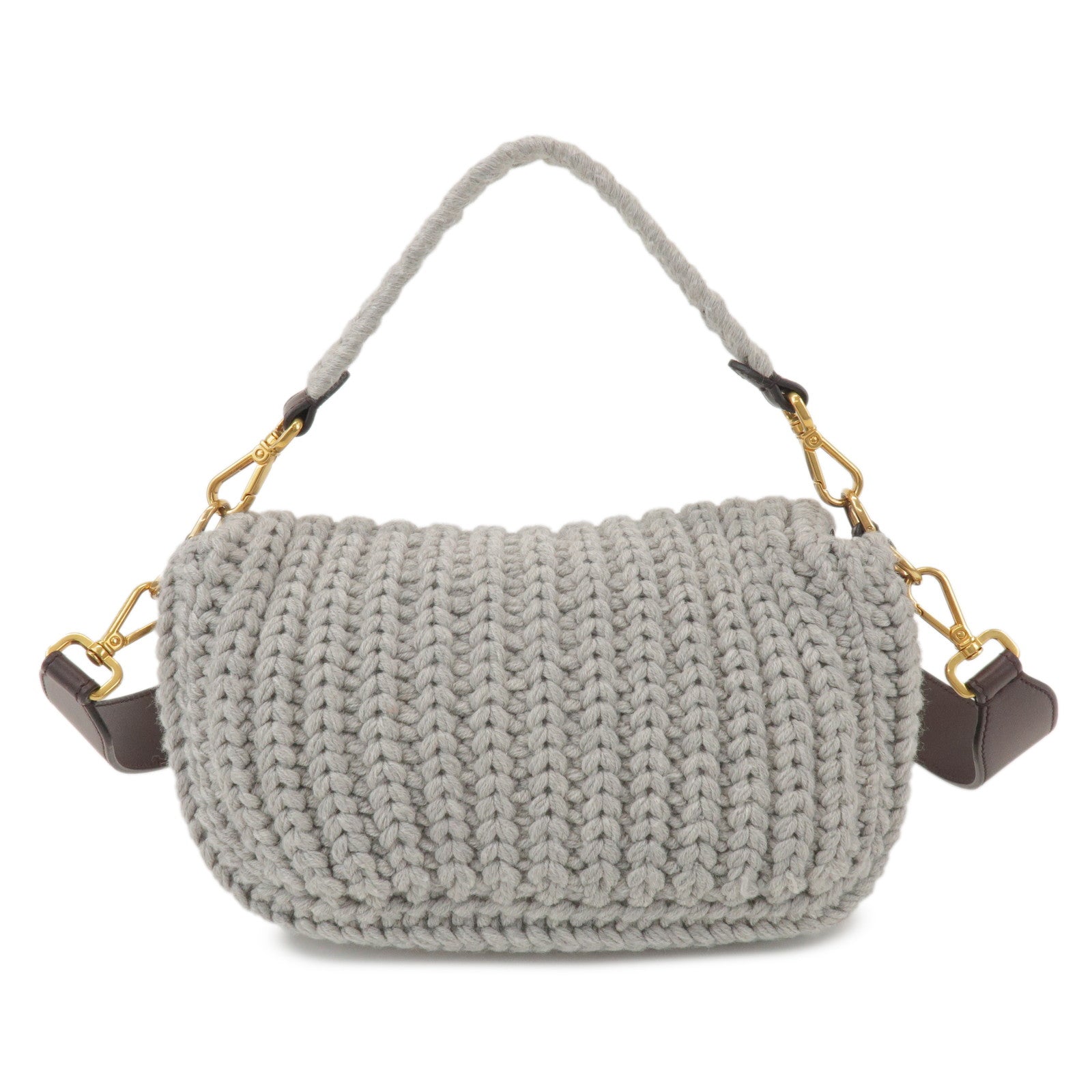 FENDI Zucca Knit Leather 2Way Shoulder Bag Baguette Grey SBR600