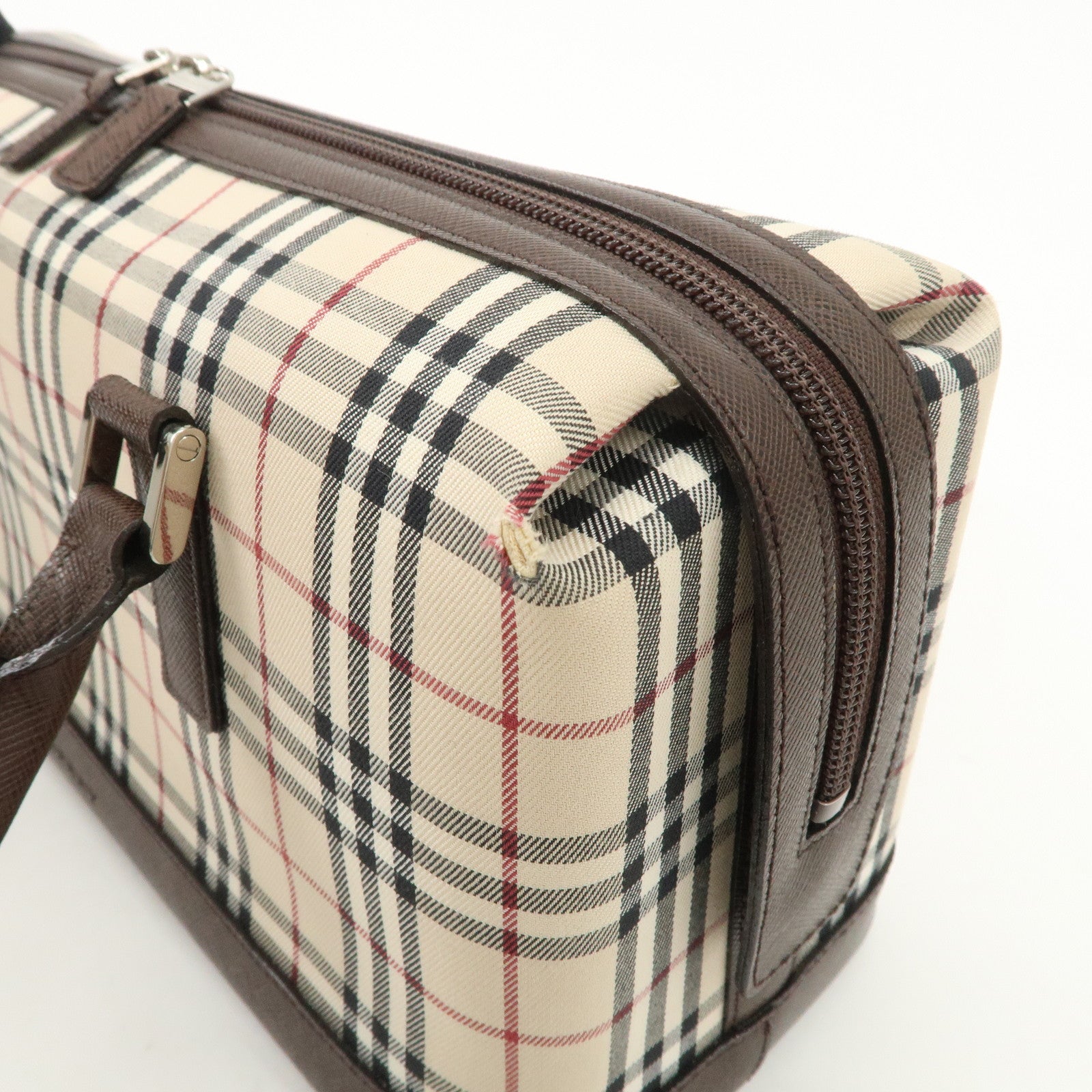 BURBERRY Leather Canvas Boston Bag Hand Bag Nova Plaid Brown Used