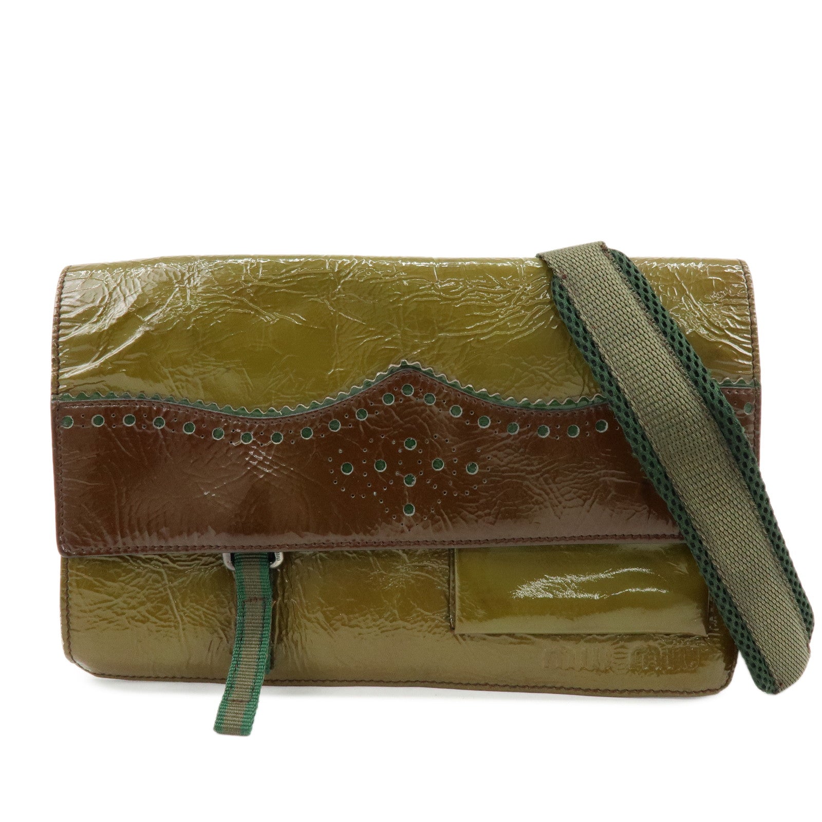 MIU MIU Patent Leather Nylon Shoulder Bag Khaki Brown
