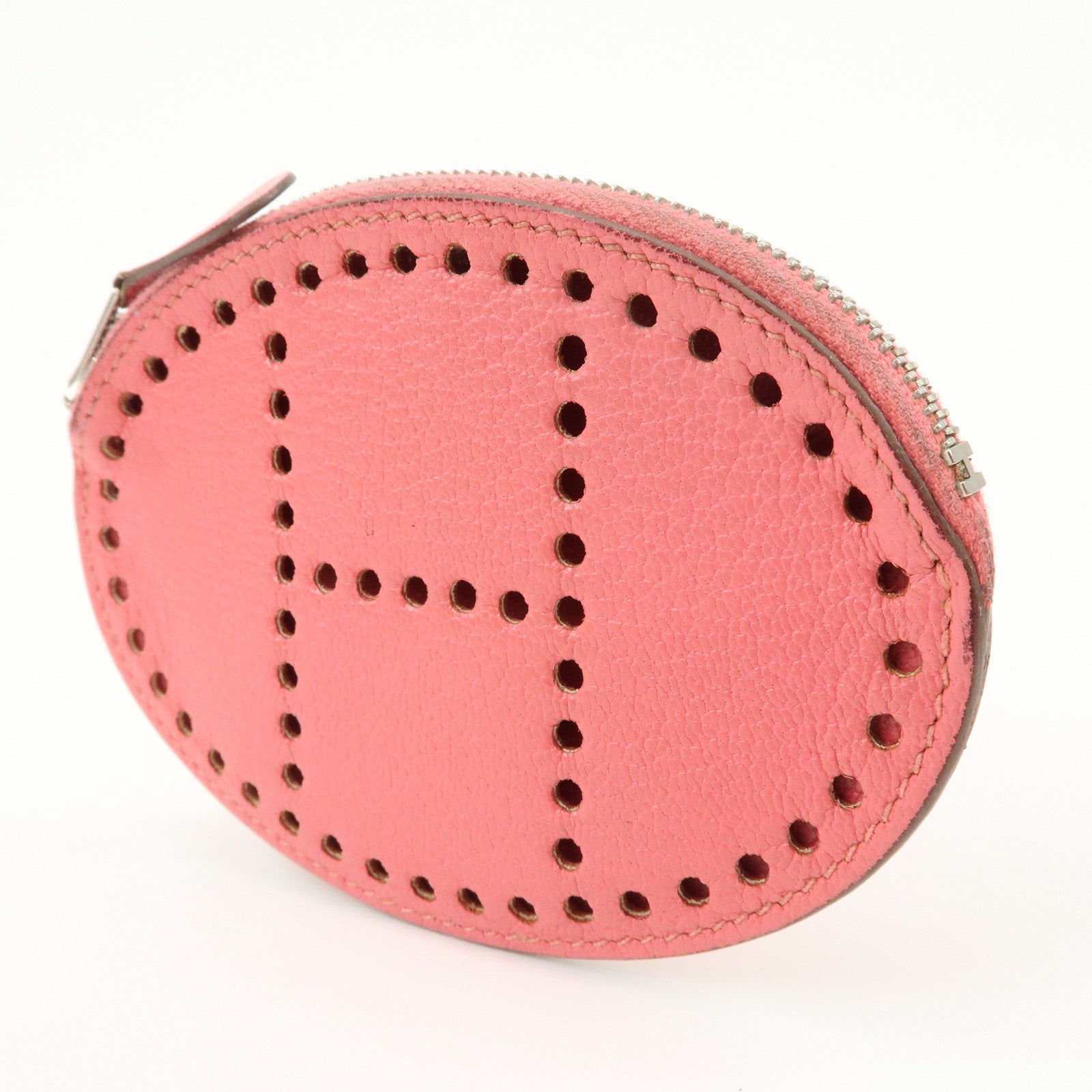 HERMES Leather Evelyne Coin Case P Engraved Rose Azalee Silver HDW