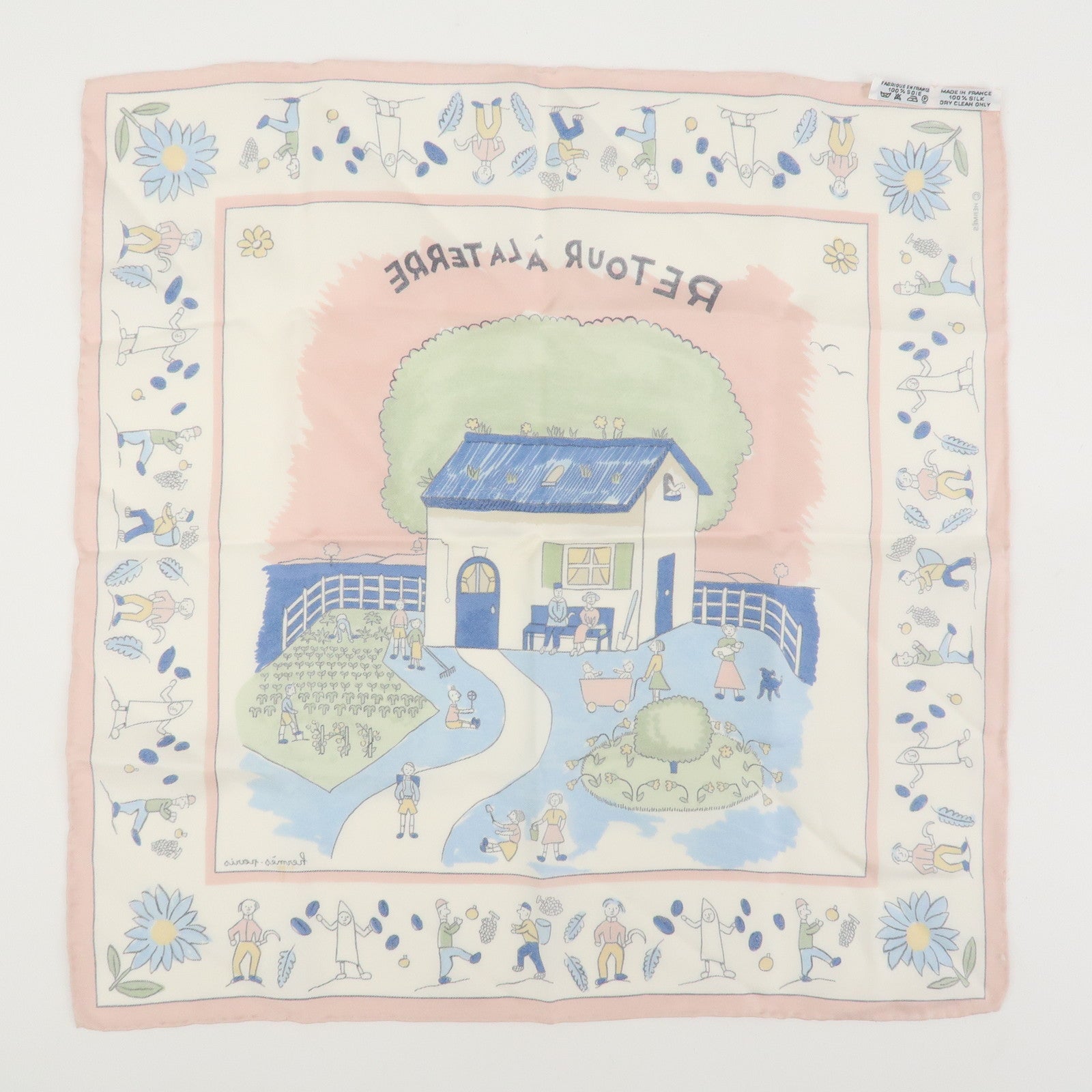 HERMES Carré45 RE TOUR A LA TERRE Scarf Silk 100% Ivory Pink