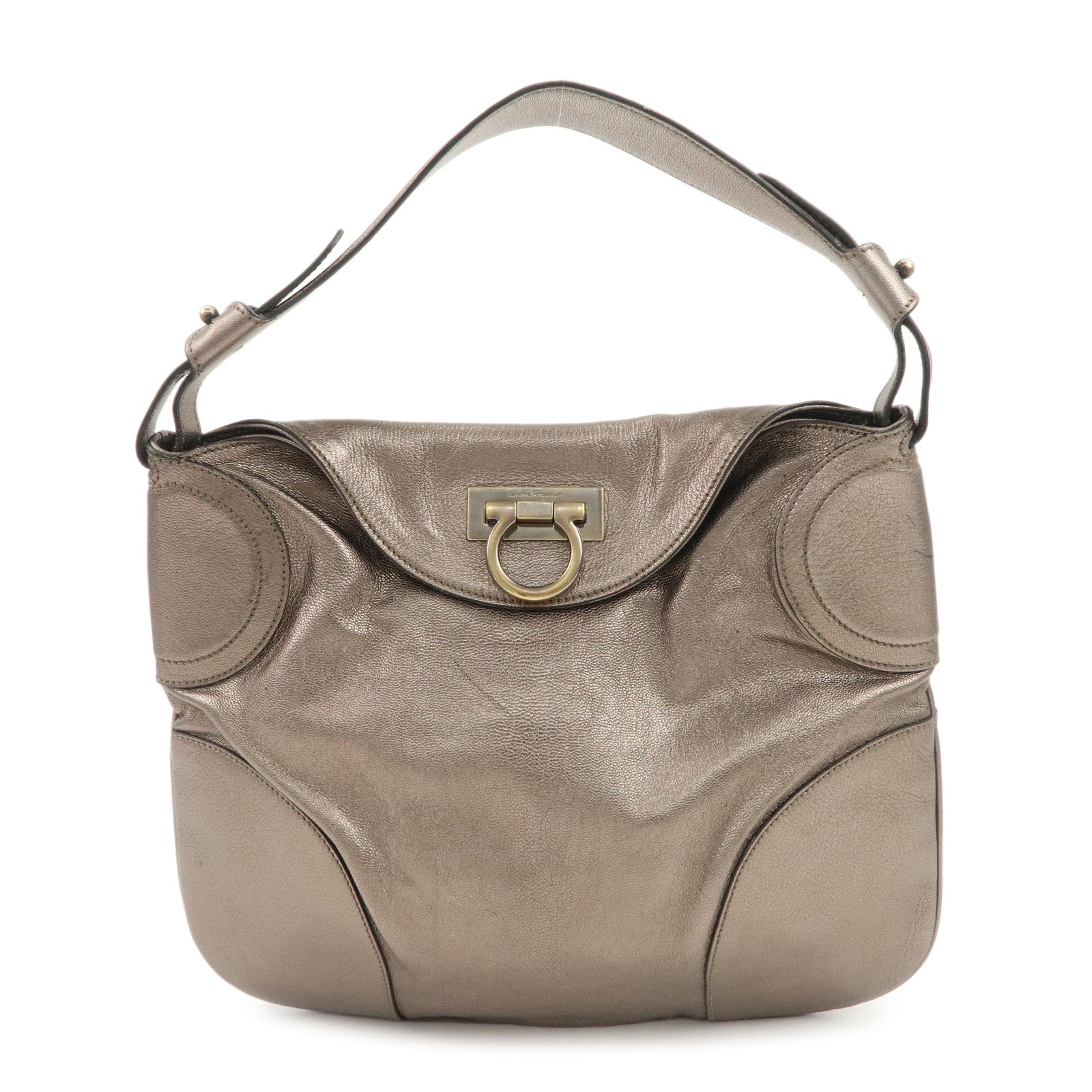 Ferragamo Gancini Leather Shoulder Bag Hand Bag Metallic Gray