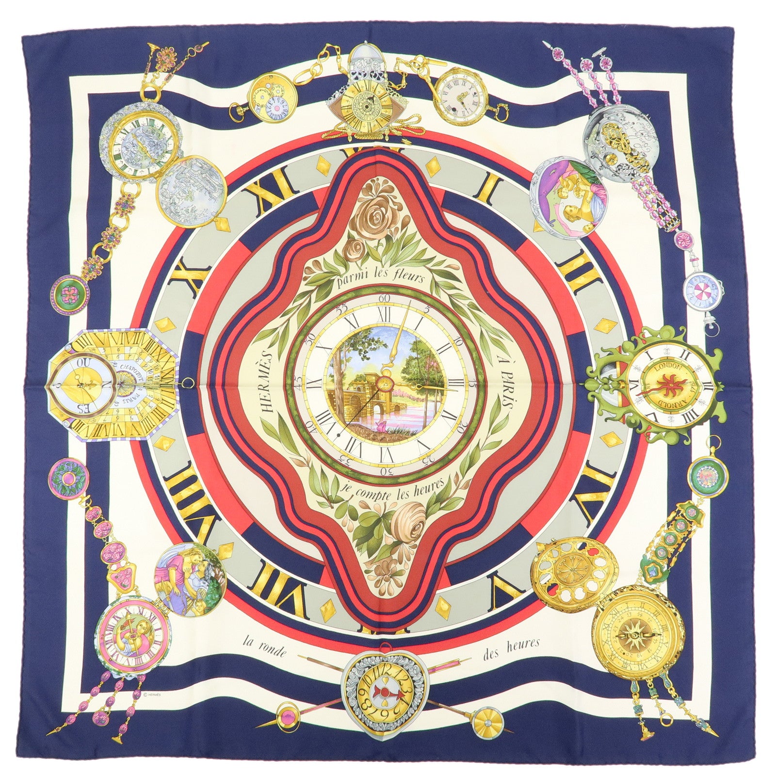 HERMES Carre90 Silk100% Scarf Parmi Les Fleurs Je Compte Les Heures