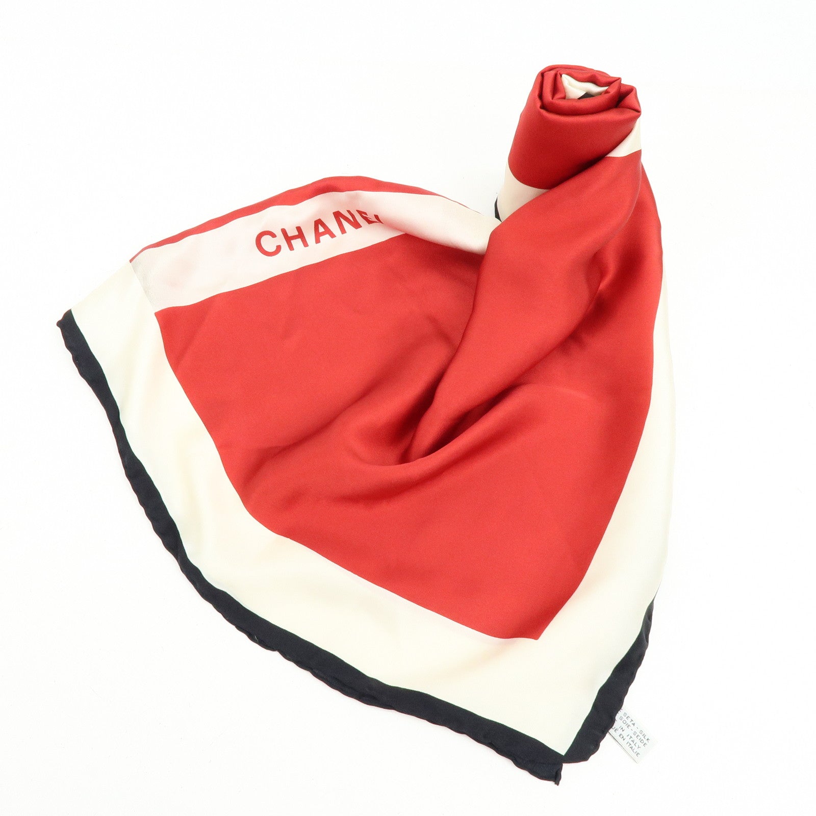 CHANEL Logo Silk 100% Scarf Ribbon Motif Red Ivory Black